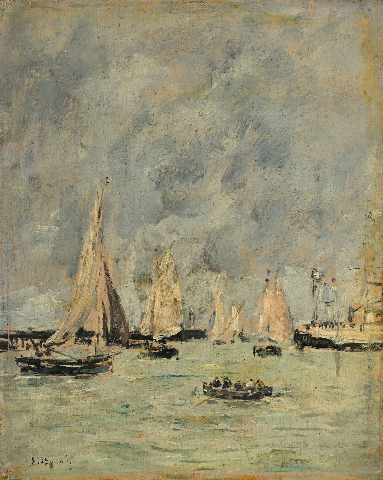 Eugène Boudin (1824-1898), Trouville. Les jetées marée haute , vers 1888-1895, huile sur: Eugène Boudin (1824-1898), Trouville. Les jetées marée haute , vers 1888-1895, huile sur panneau, signée, 27x22 cm Provenance: Allard, Paris, Collection privée, Albert Flament, Paris, Collection