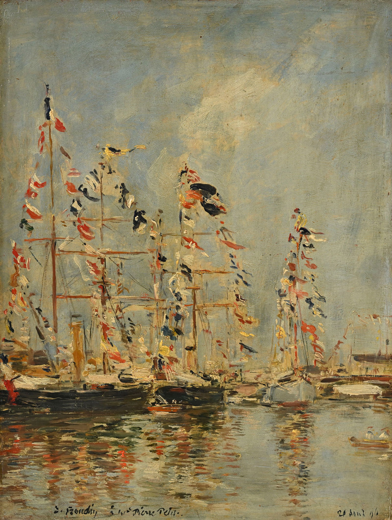 Boudin (1824-1898), Deauville. Bateaux pavoisés dans le bassin , 20 août 1896, huile sur panneau,: Eugène Boudin (1824-1898), Deauville. Bateaux pavoisés dans le bassin , 20 août 1896, huile sur panneau, signée, datée et dédicacée A Mr Pierre Petit , 35x27 cm Provenance: Pierre Petit, Paris