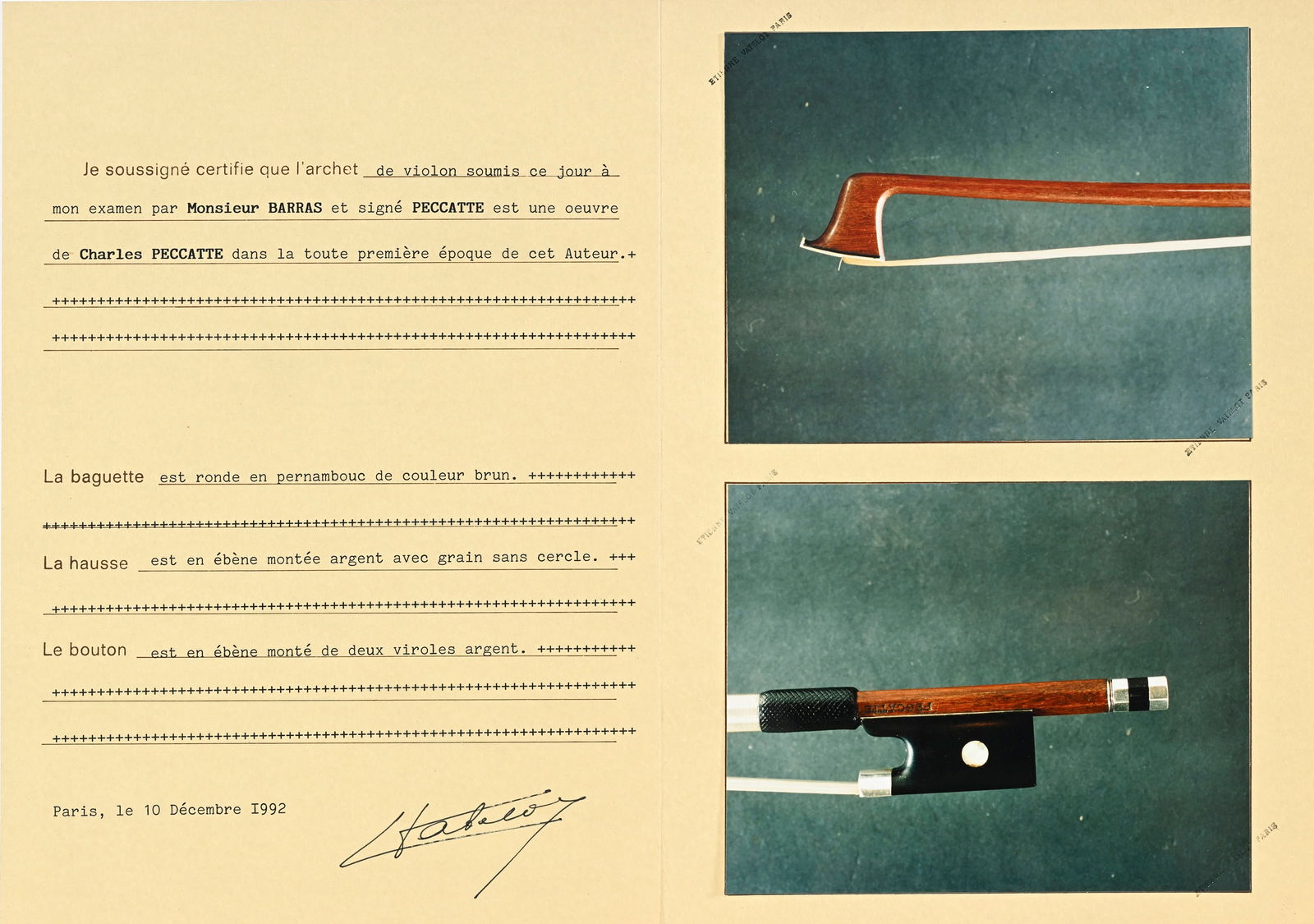 Rare archet original dans toutes ses parties principales de Charles Peccattedont il porte la marque  - 7