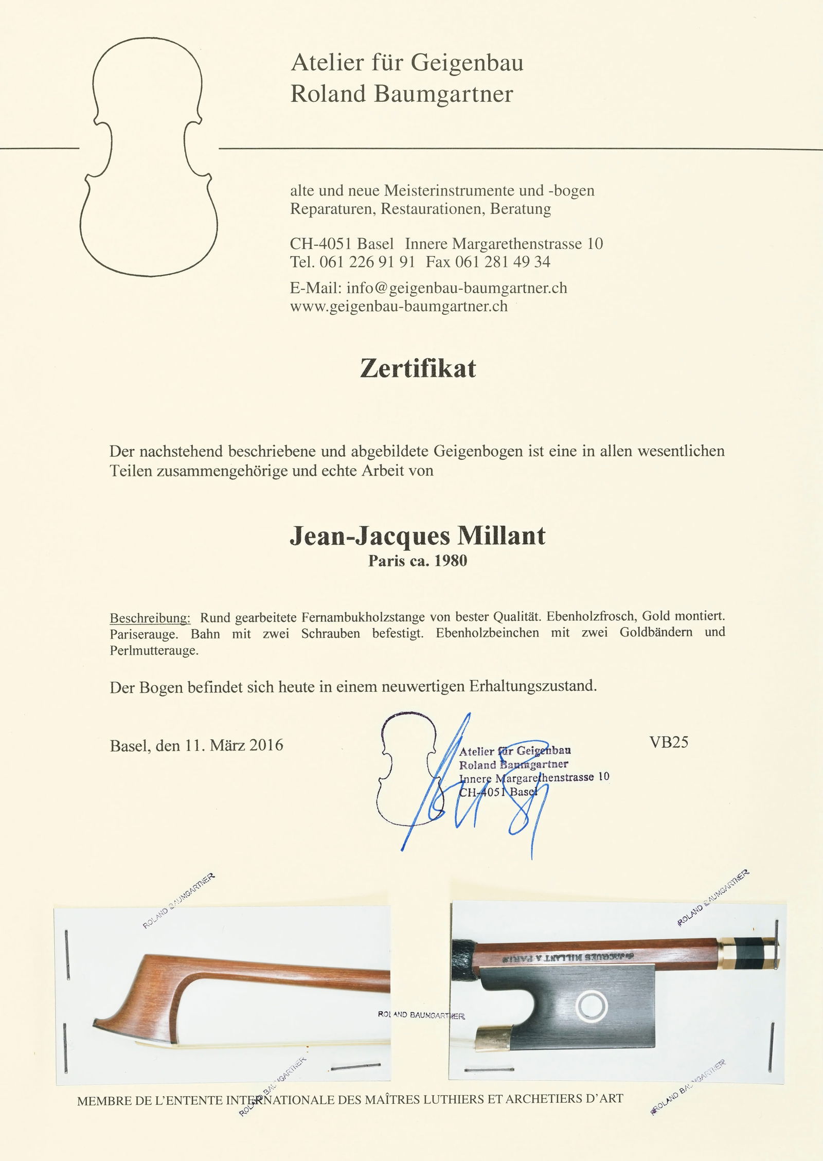 Archet de violon de Jean Jacques Millant vers 1980, en rare état d’origine, belle baguett - 6