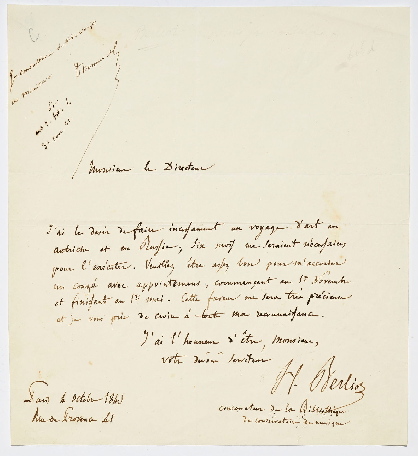 BERLIOZ (Hector). Lettre autographe signée adressée au directeur du conservatoire de musiq: BERLIOZ (Hector). Lettre autographe signée adressée au directeur du conservatoire de musique, datée du 4 octobre 1845, rédigée à Paris, 1 p. in-4°, papier, encre