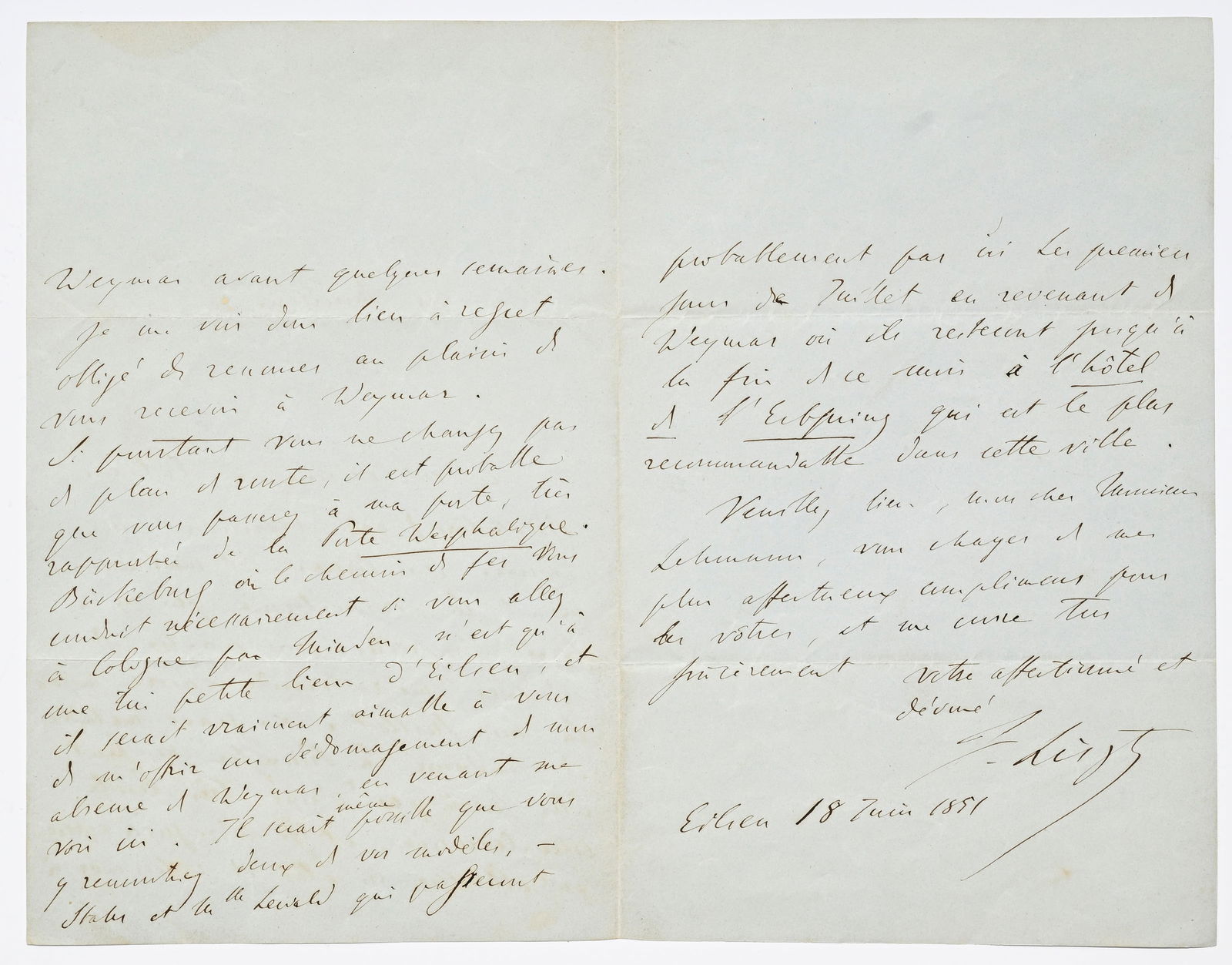 LISZT (Franz). Lettre autographe signée, adressée au peintre Lehmann, datée 1851, 3 p - 2