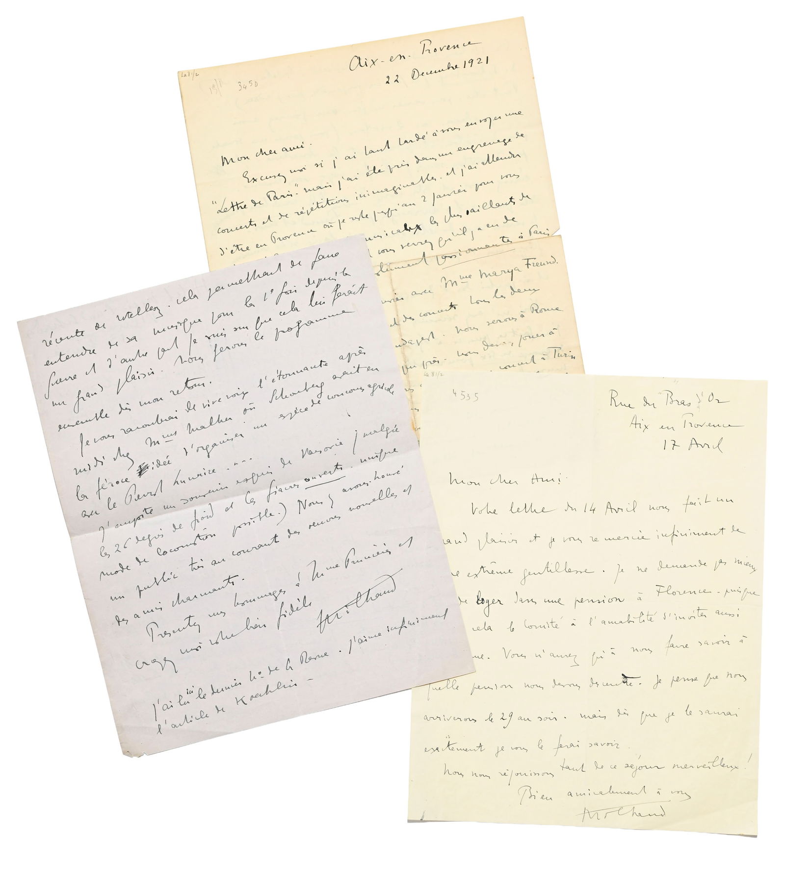 MILHAUD (Darius). Ensemble de 3 lettre autographes signées, 5 pp. in-4°, encre bleue.  (1 of 6)