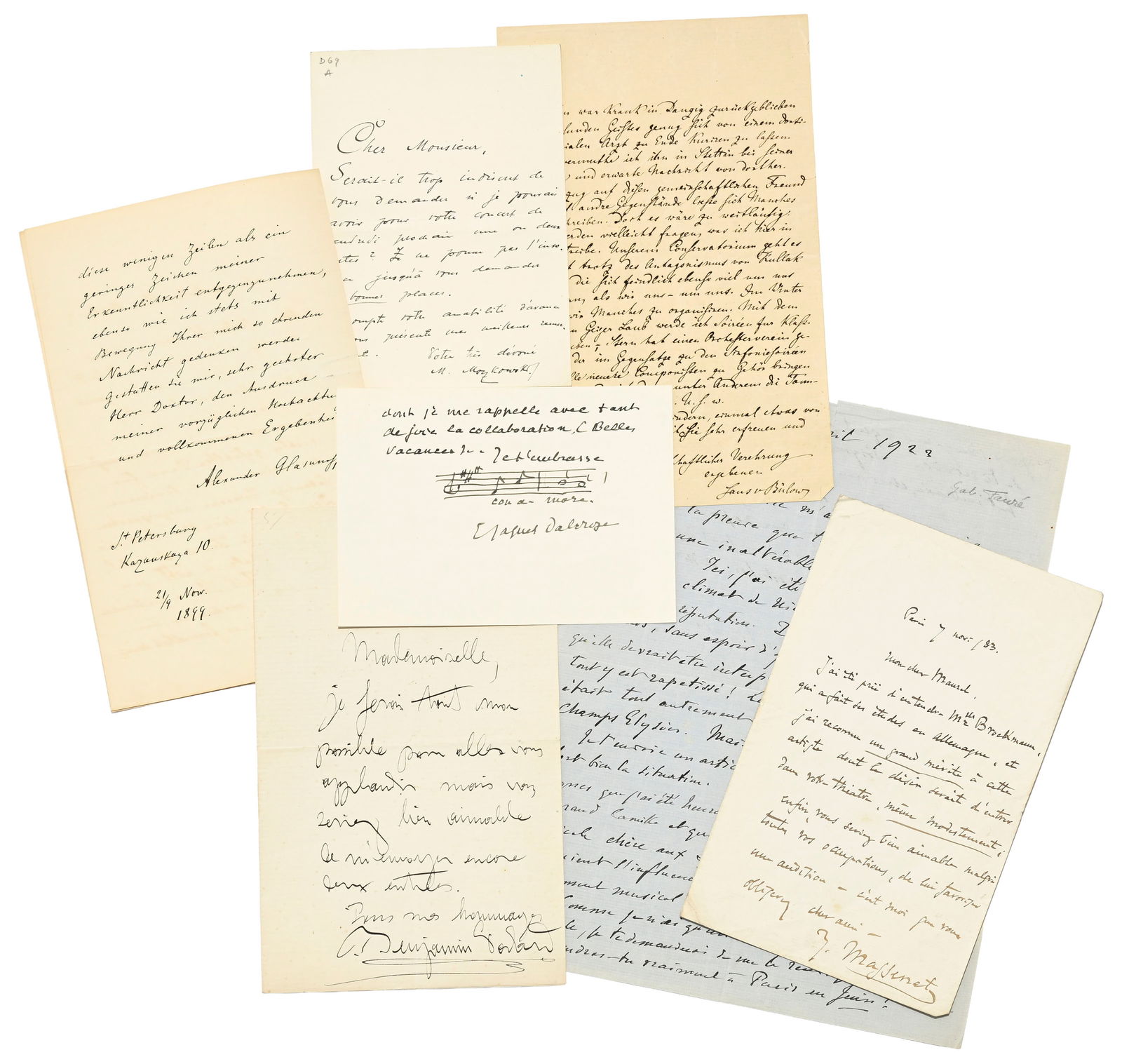 \[MUSIQUE\]. Ensemble de nombreuses lettres de plusieurs musiciens, compositeurs et critiques musica: [MUSIQUE]. Ensemble de nombreuses lettres de plusieurs musiciens, compositeurs et critiques musicaux du XIXe et XXe s. Jacques Dalcroze, Alexandre Glazounov, Hans von Bülow, Benjamin Godard, Gabr