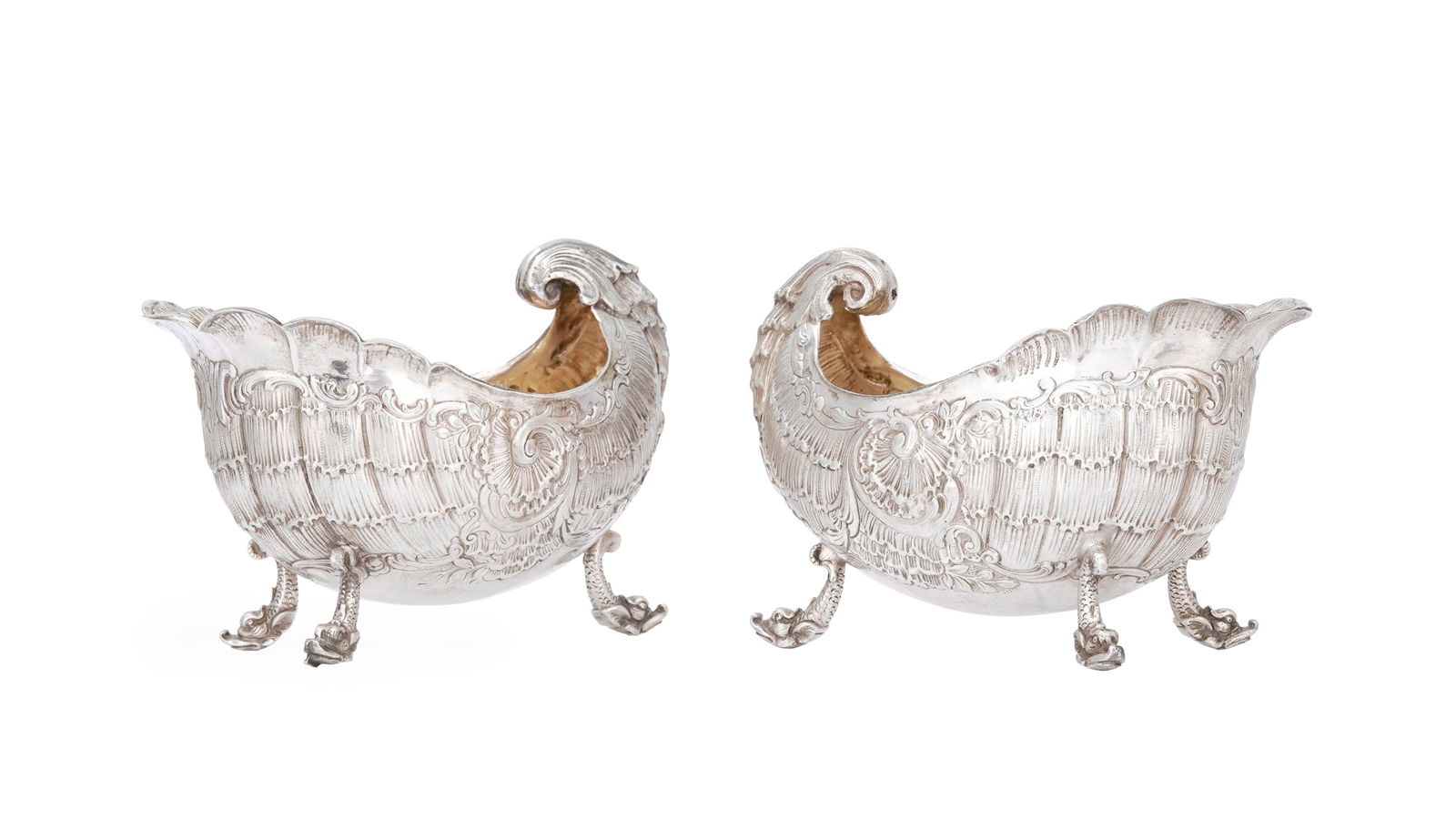 Paire de coupes coquilles tripodes en argent et vermeil Sterling, XXe s., de style Rocaille, les pie (1 of 4)