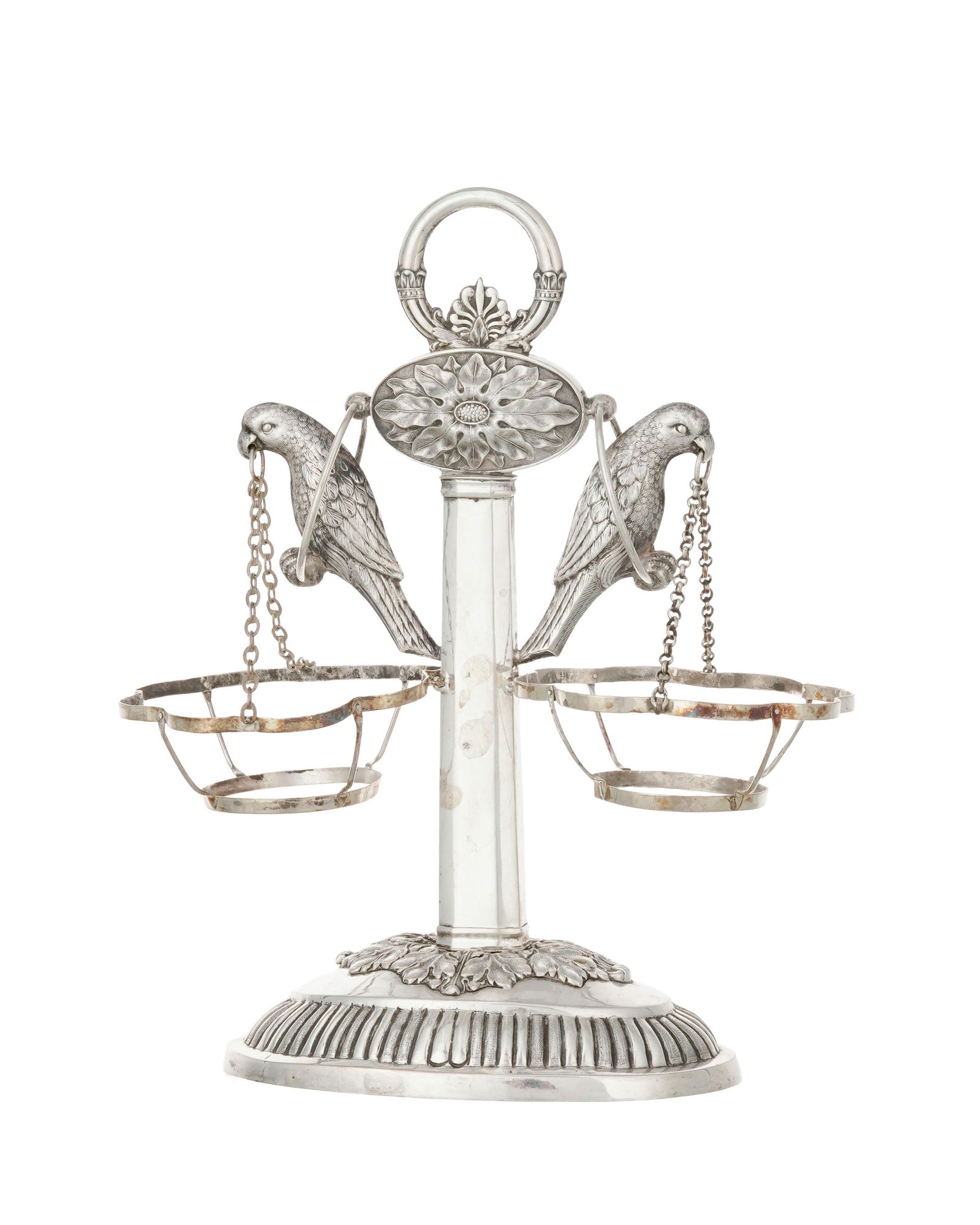 Monture en argent, figurant 2 perroquets sur un perchoir, XXe s., la prise anneau, h. 18 cm, 100g: Monture en argent, figurant 2 perroquets sur un perchoir, XXe s., la prise anneau, h. 18 cm, 100g 