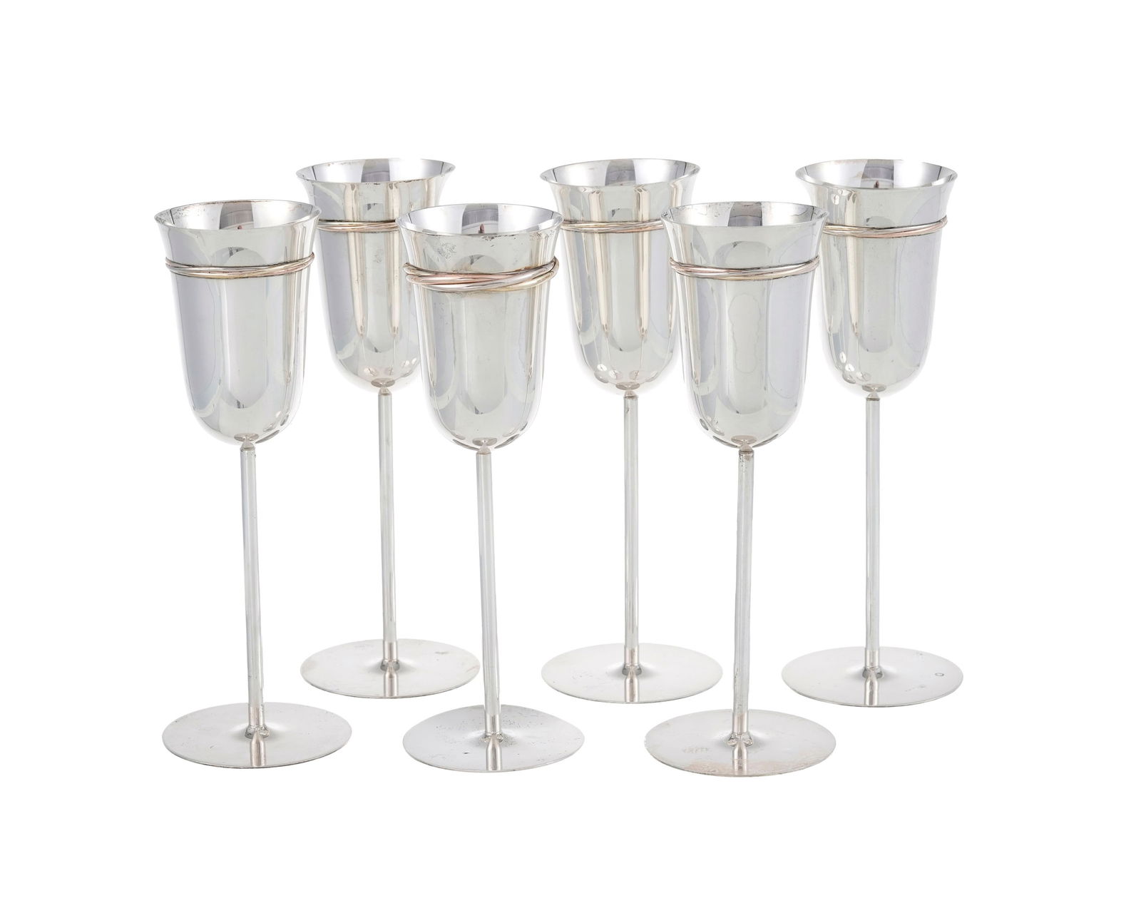 Suite de 6 flûtes à champagne en argent Mercure 1er titre, Cartier, Paris, XXe s., collect (1 of 2)
