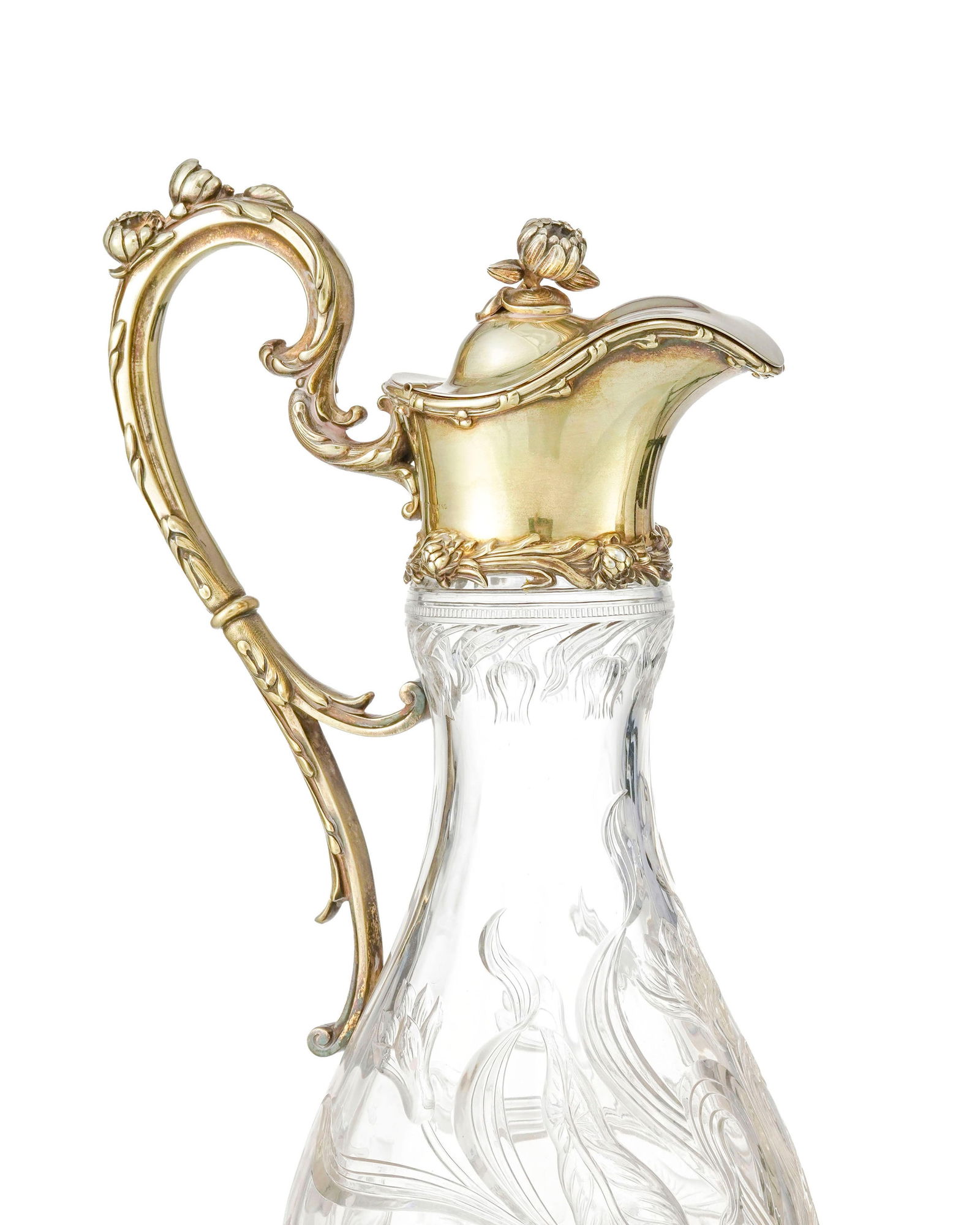 Paire d'aiguières en vermeil Sterling et verre, XXe s., à décor floral et vég - 2