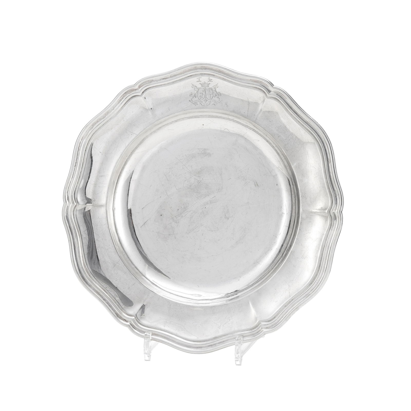 Plat rond en argent Minerve 1er titre, Odiot, Paris, fin XIXe s., gravé d'armoiries d'alliance  (1 of 2)