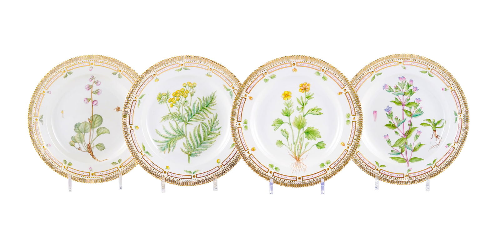 Suite de 4 assiettes à dîner Flora Danica en porcelaine Royal Copenhague, 1992-1997, Pyrol: Suite de 4 assiettes à dîner Flora Danica en porcelaine Royal Copenhague, 1992-1997, Pyrola groenlandica Horn., Ranunculus altaicus Lasem, Gentiana campestris L., Tanacetum vulgare L.,