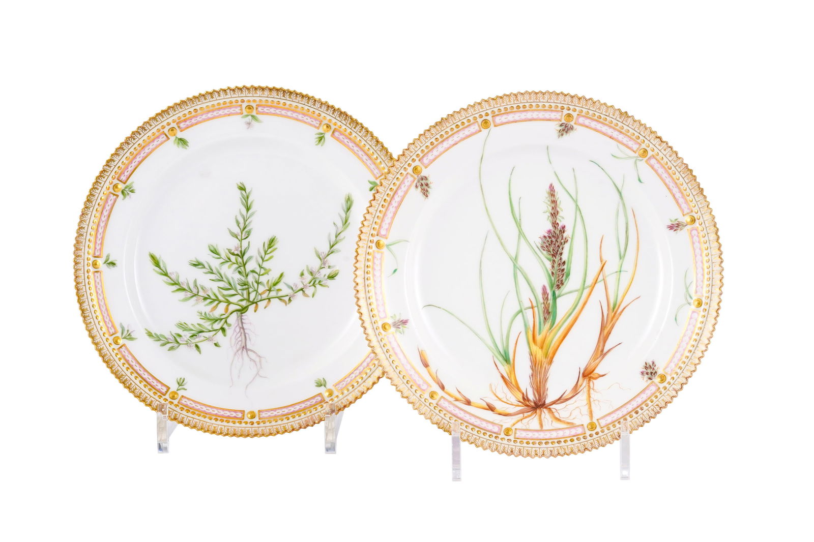 Suite de 2 assiettes à entremets Flora Danica en porcelaine Royal Copenhague, 1894-1900, Carex : Suite de 2 assiettes à entremets Flora Danica en porcelaine Royal Copenhague, 1894-1900, Carex Trinervis Degland. et Glaux maritima L., diam. 22 cm Provenance: Astrid de Suède