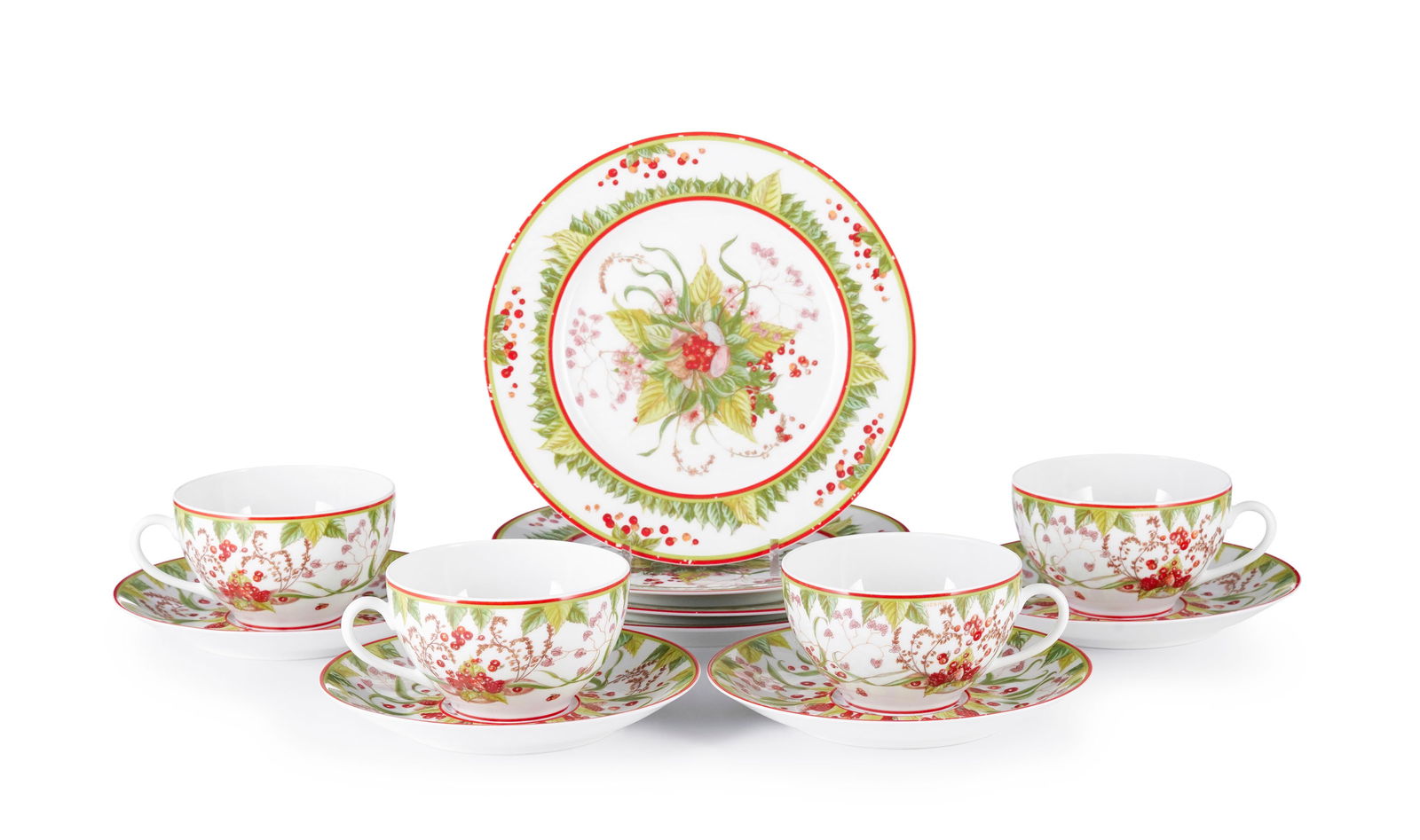 Partie de service à petit-déjeuner pour 4 personnes, Hermès, Paris, modèle Pytha: Partie de service à petit-déjeuner pour 4 personnes, Hermès, Paris, modèle Pythagore, comprenant 8 pièces: 4 tasses et soucoupes et 4 assiettes Condition manques au lisér