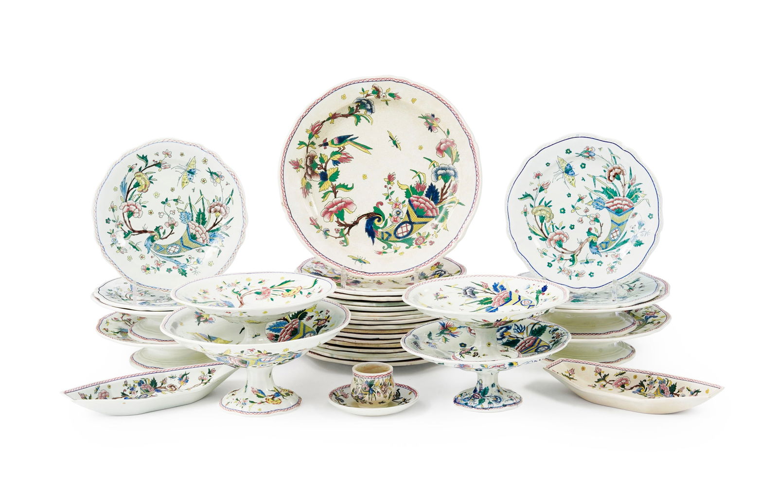 Partie de service à dîner en faïence de Gien, modèle à la corne d'abondance: Partie de service à dîner en faïence de Gien, modèle à la corne d'abondance, comprenant 30 pièces: 16 assiettes à dîner, 4 compotiers (2 formats), 4 présen