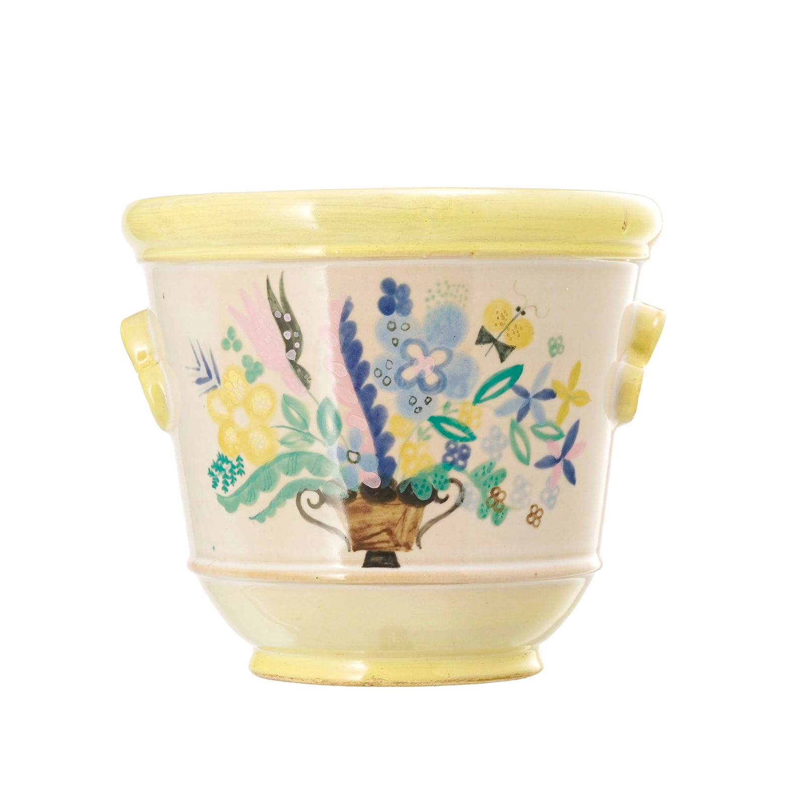 Cache-pot en faïence émaillée, signé Atelier Menelika, à décor polychr: Cache-pot en faïence émaillée, signé Atelier Menelika, à décor polychrome à motifs floraux, h. 27,5 cm 