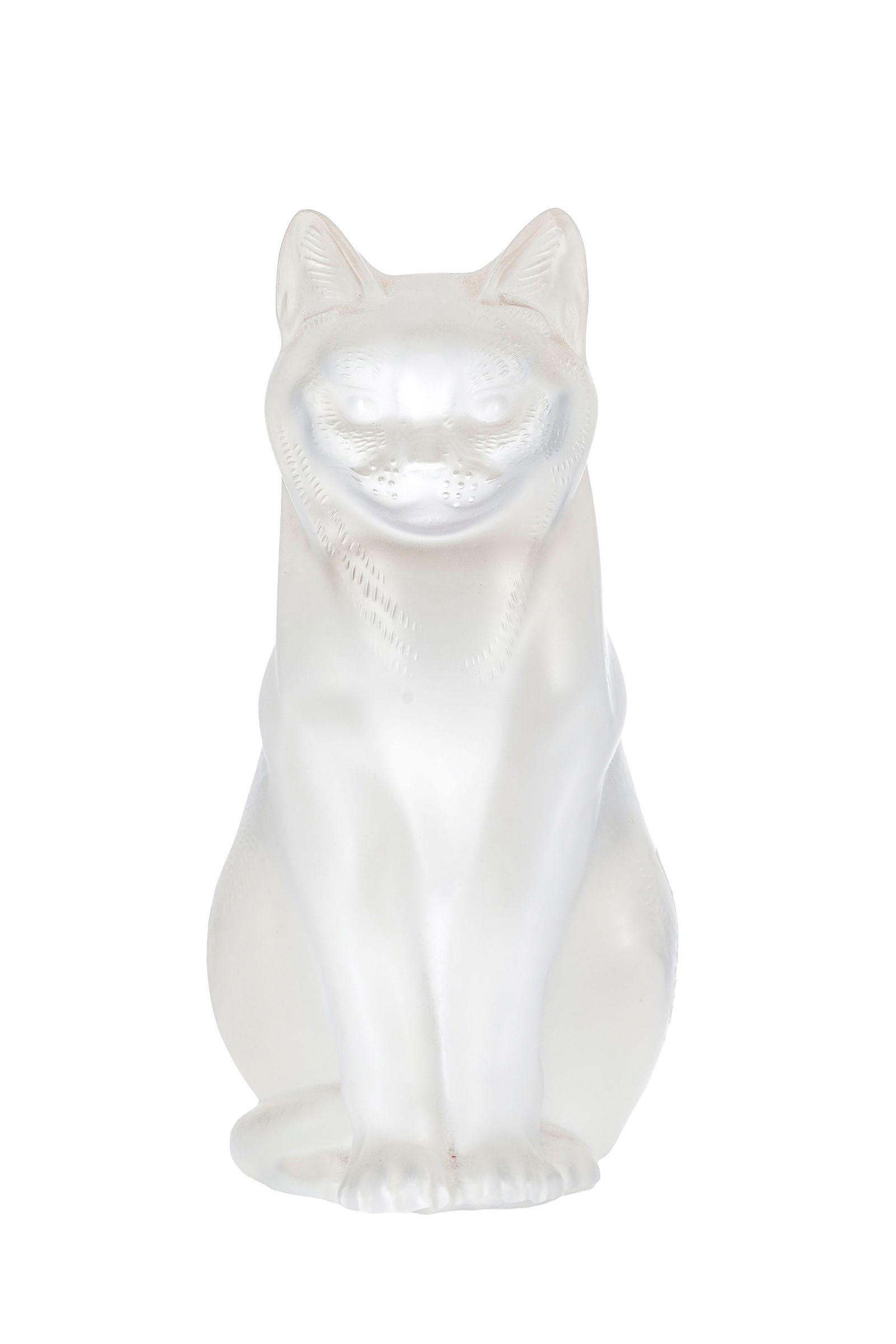 Chat assis, sculpture en verre moulé-pressé satiné signée Lalique France, h. 21 : Chat assis, sculpture en verre moulé-pressé satiné signée Lalique France, h. 21 cm 