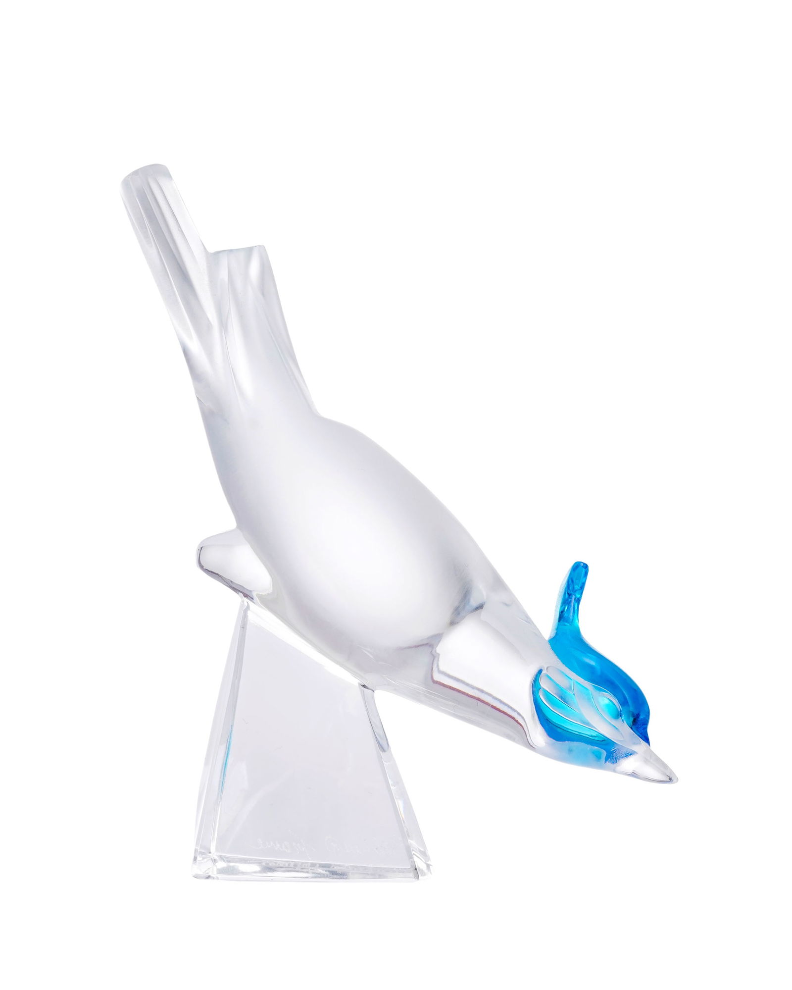 Oiseau en verre en partie satiné et bleu signé Lalique France, h. 12,5 cm: Oiseau en verre en partie satiné et bleu signé Lalique France, h. 12,5 cm 