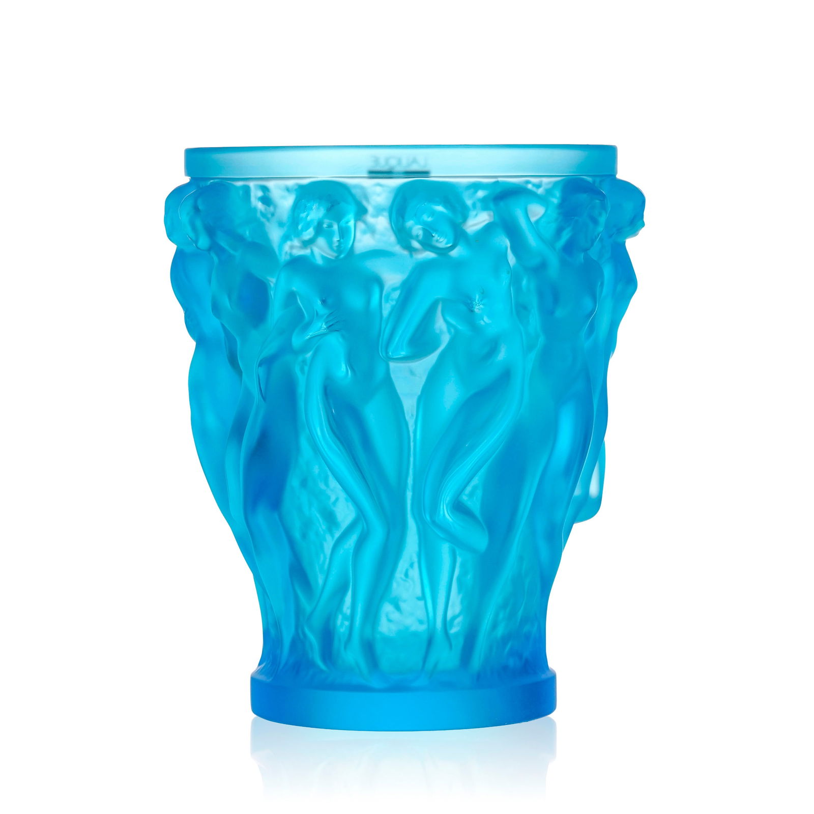 Vase en verre moulé-pressé bleu signé Lalique France, modèle Bacchantes, d'apr&# - 2