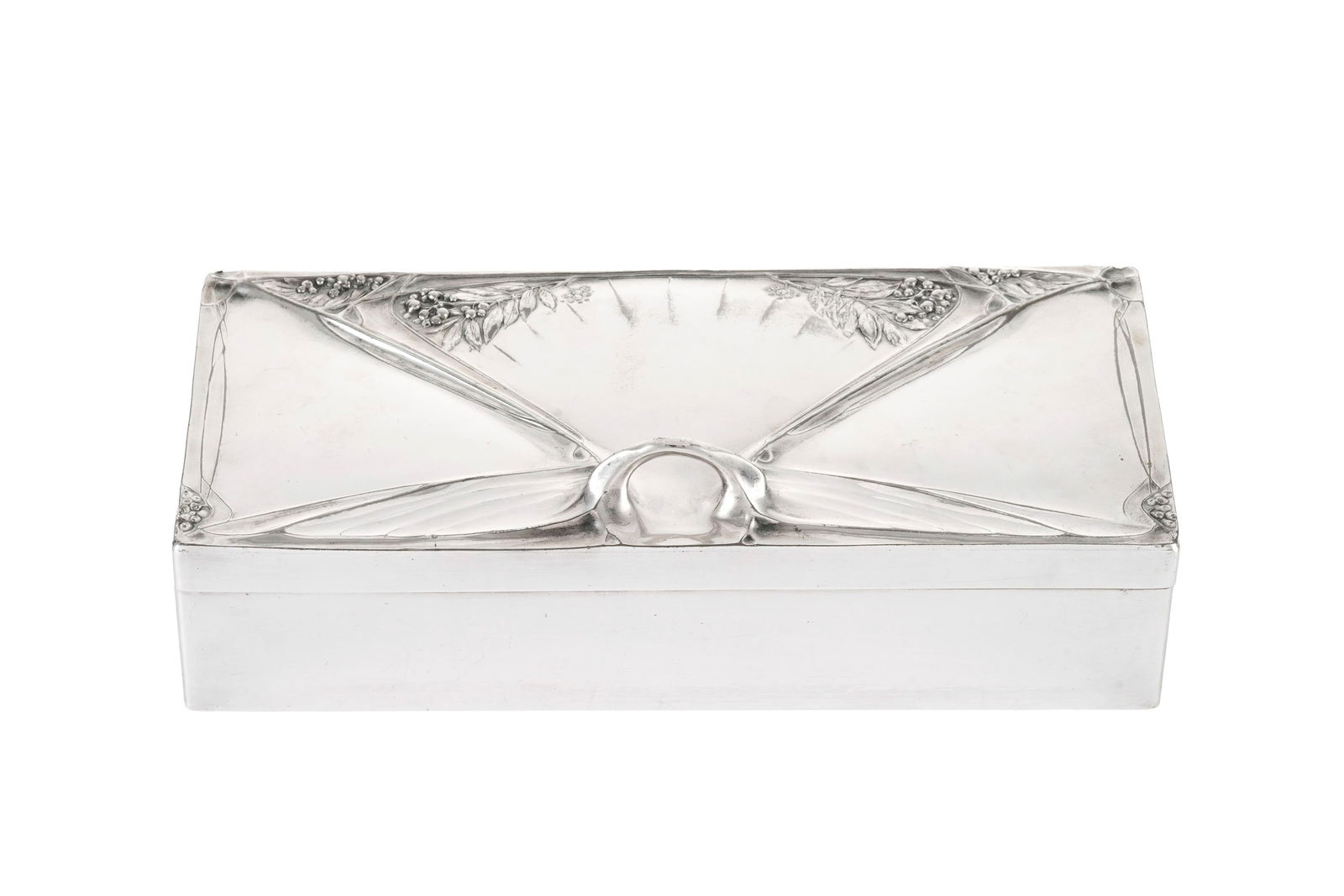 Boîte rectangulaire Art Nouveau en étain, début XXe s., à décor de feuillag: Boîte rectangulaire Art Nouveau en étain, début XXe s., à décor de feuillage, intérieur compartimenté en bois, 28x12,5x6,5 cm 