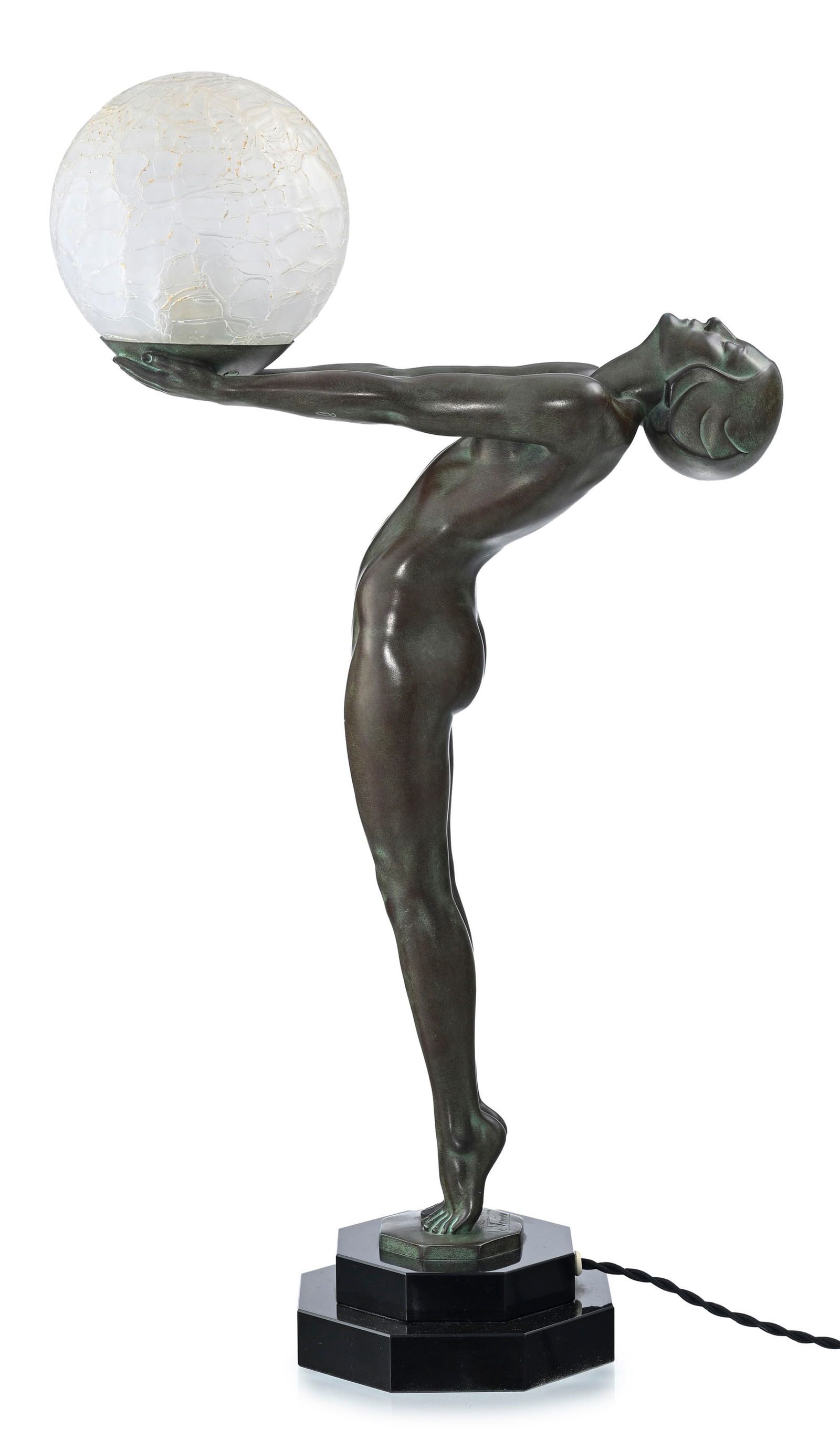 Clarté, lampe en régule à patine verte et globe en verre effet craquelé, sign (1 of 4)