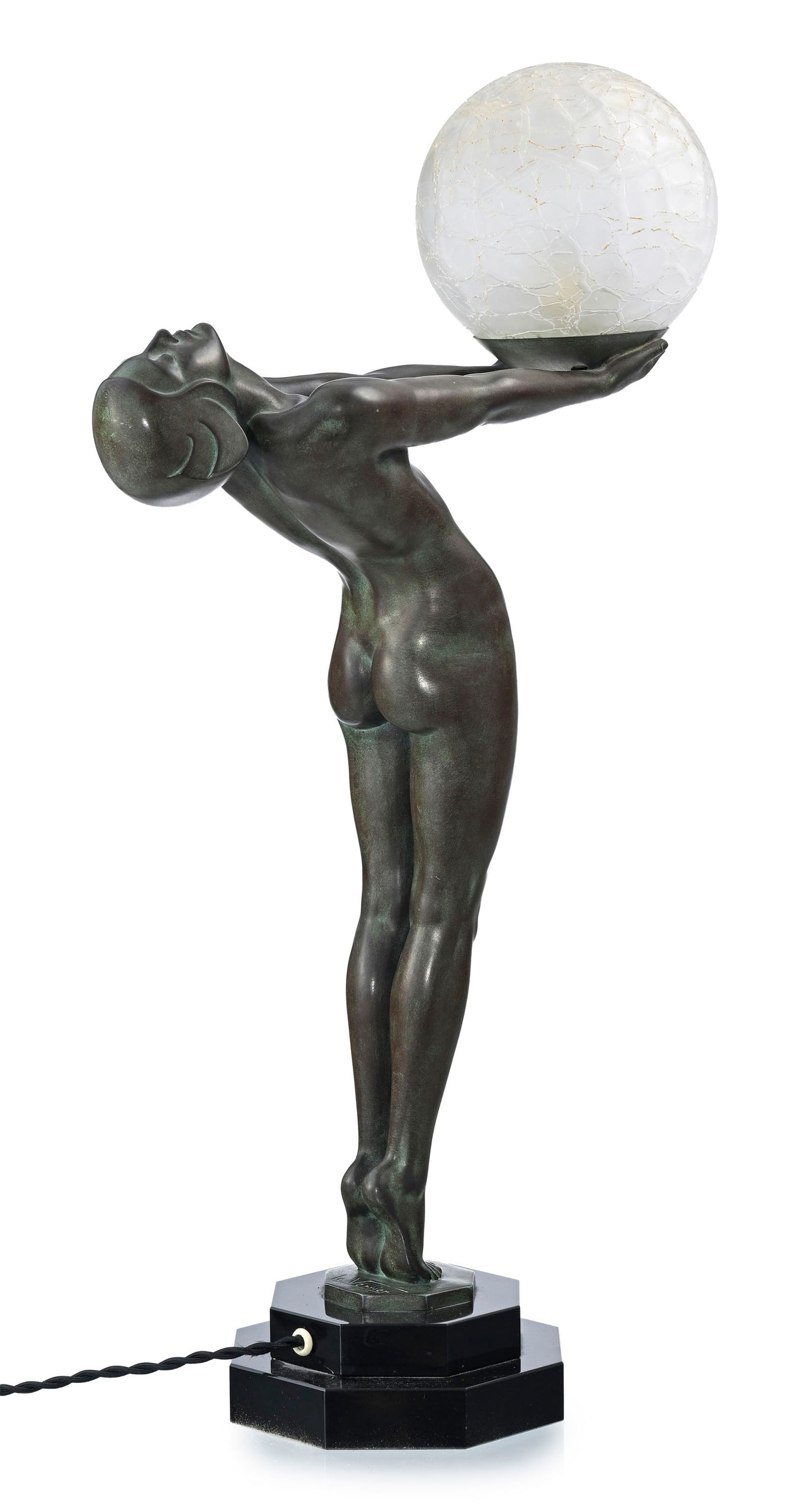 Clarté, lampe en régule à patine verte et globe en verre effet craquelé, sign - 2