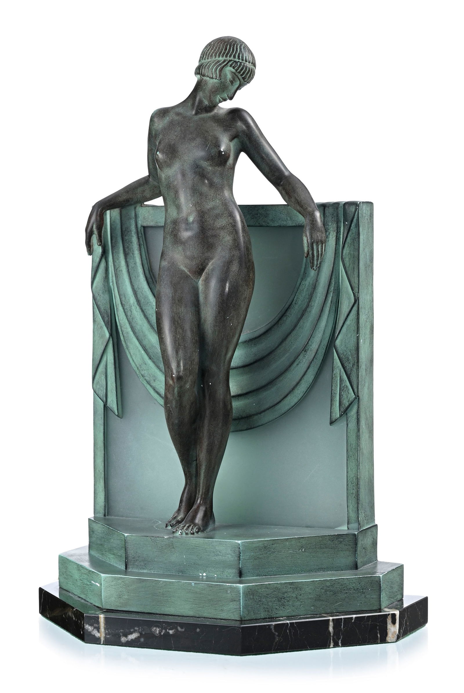 Sérénité, lampe veilleuse en régule à patine vert antique et plaque de verr (1 of 6)