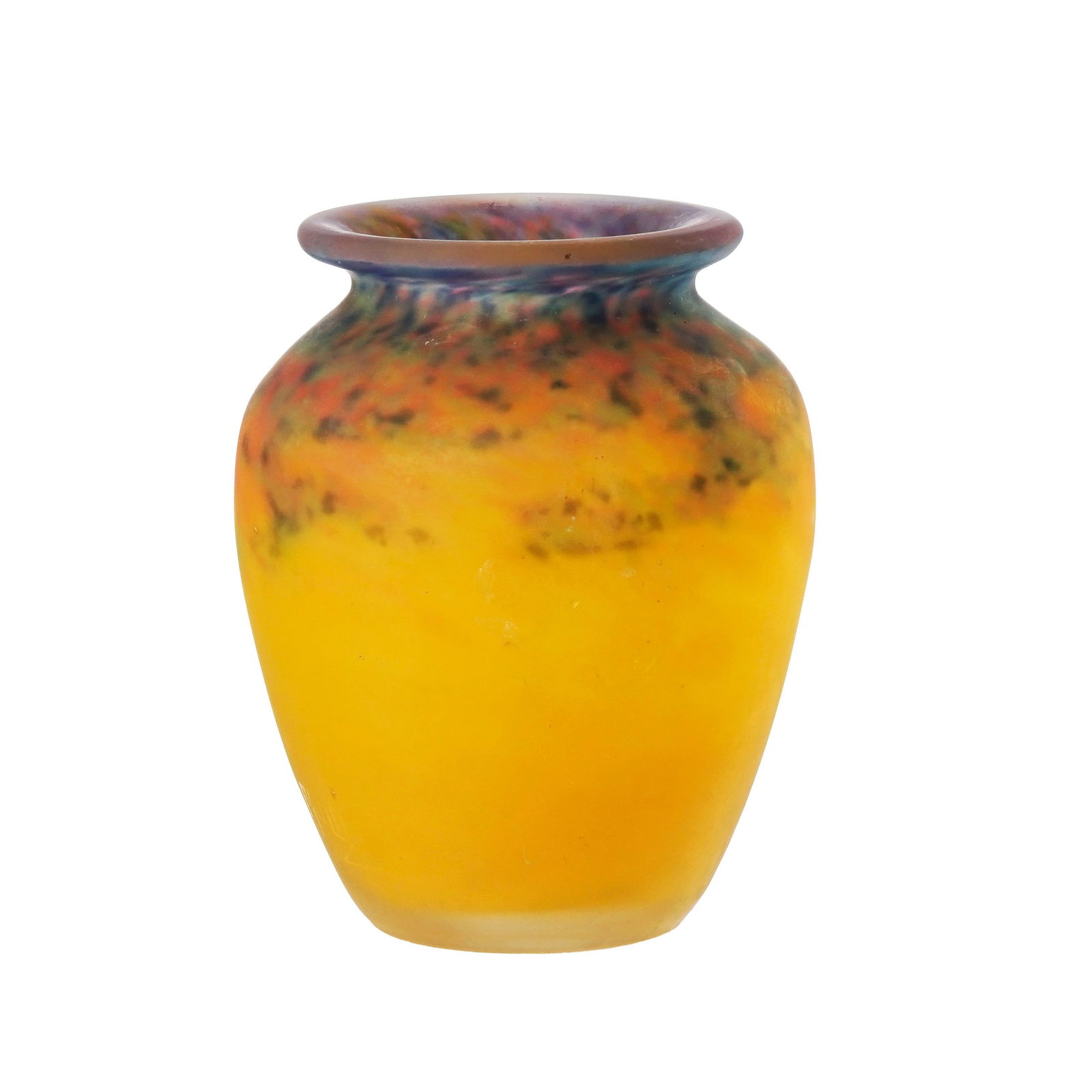 Vase ovoïde à col annelé en verre jaspé jaune, bleu et orange signé Muller  - 2