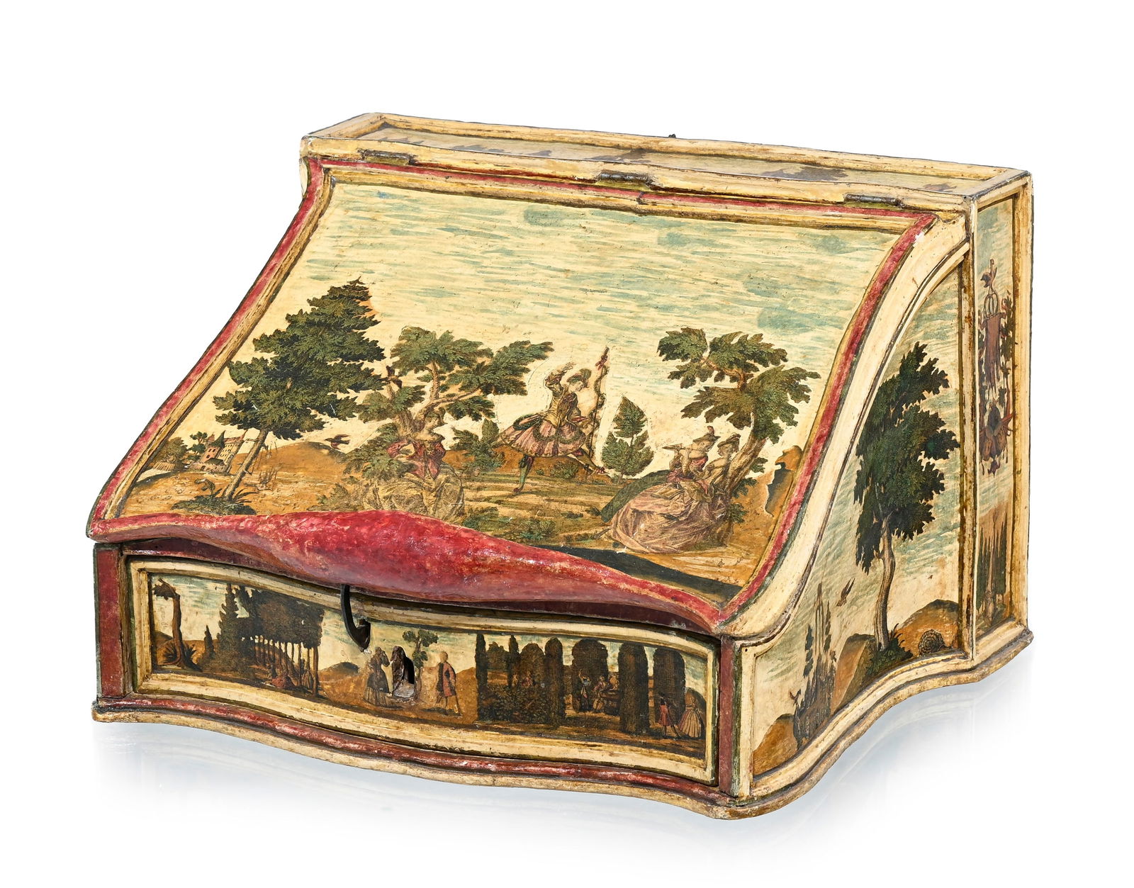 Coffret de voyage, Italie du Nord, XVIIIe s., en bois peint et laqué à décor en Arte : Coffret de voyage, Italie du Nord, XVIIIe s., en bois peint et laqué à décor en Arte Povera de paysages animés de personnages et de fleurs, ouvrant par un tiroir en façade et