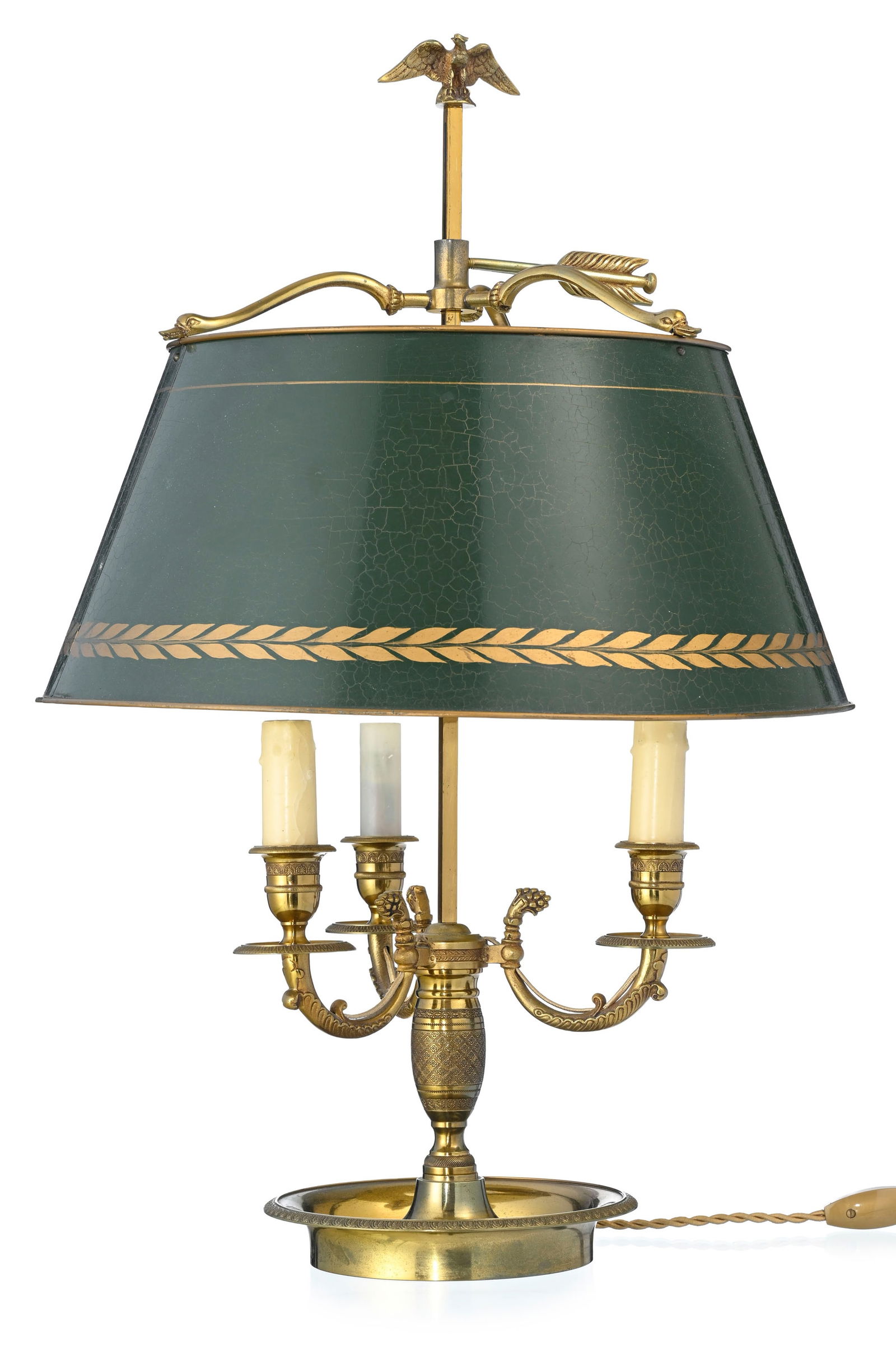 Lampe bouillotte de style Restauration, XXe s., en bronze ciselé et doré, à trois bra (1 of 3)