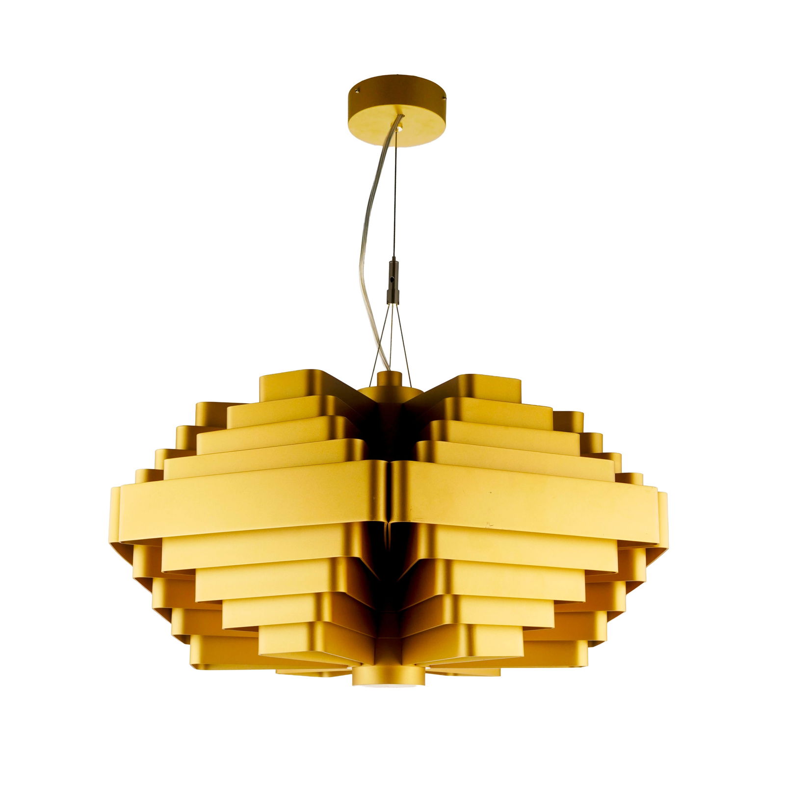 Suspension par Jules Wabbes (1919-1974), édition Wever & Ducré, en aluminium doré mat: Suspension par Jules Wabbes (1919-1974), édition Wever & Ducré, en aluminium doré mat, h. 32 cm, diam. 51 cm Conditionnous ne garantissons pas l'état de l'installations