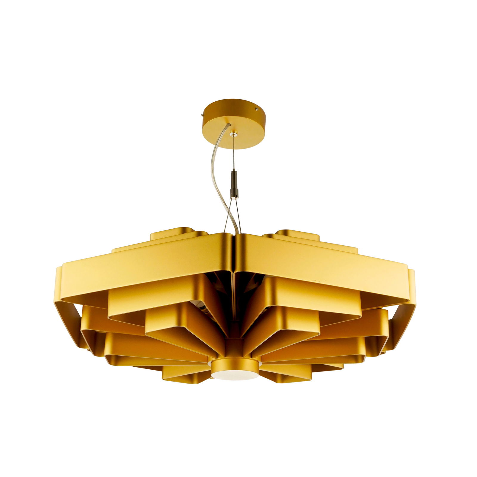 Suspension par Jules Wabbes (1919-1974), édition Wever & Ducré, en aluminium doré mat: Suspension par Jules Wabbes (1919-1974), édition Wever & Ducré, en aluminium doré mat, h. 20 cm, diam. 51 cm 