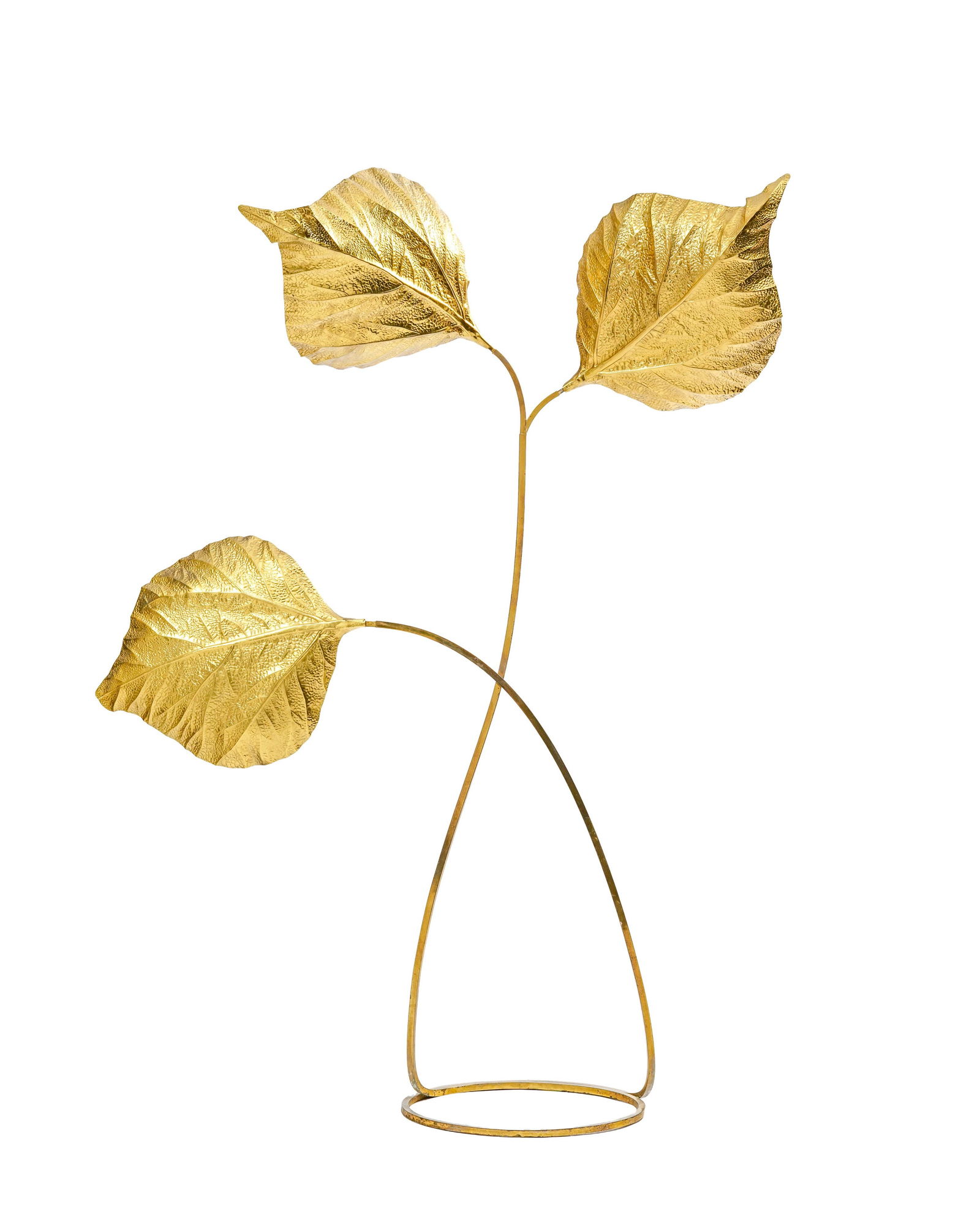 Lampadaire Rabarbaro par Carlo Giorgi (né en 1940), édition Bottega Gadda, circa 1975, : Lampadaire Rabarbaro par Carlo Giorgi (né en 1940), édition Bottega Gadda, circa 1975, à structure en laiton à trois larges feuilles éclairantes, base circulaire, h. 201