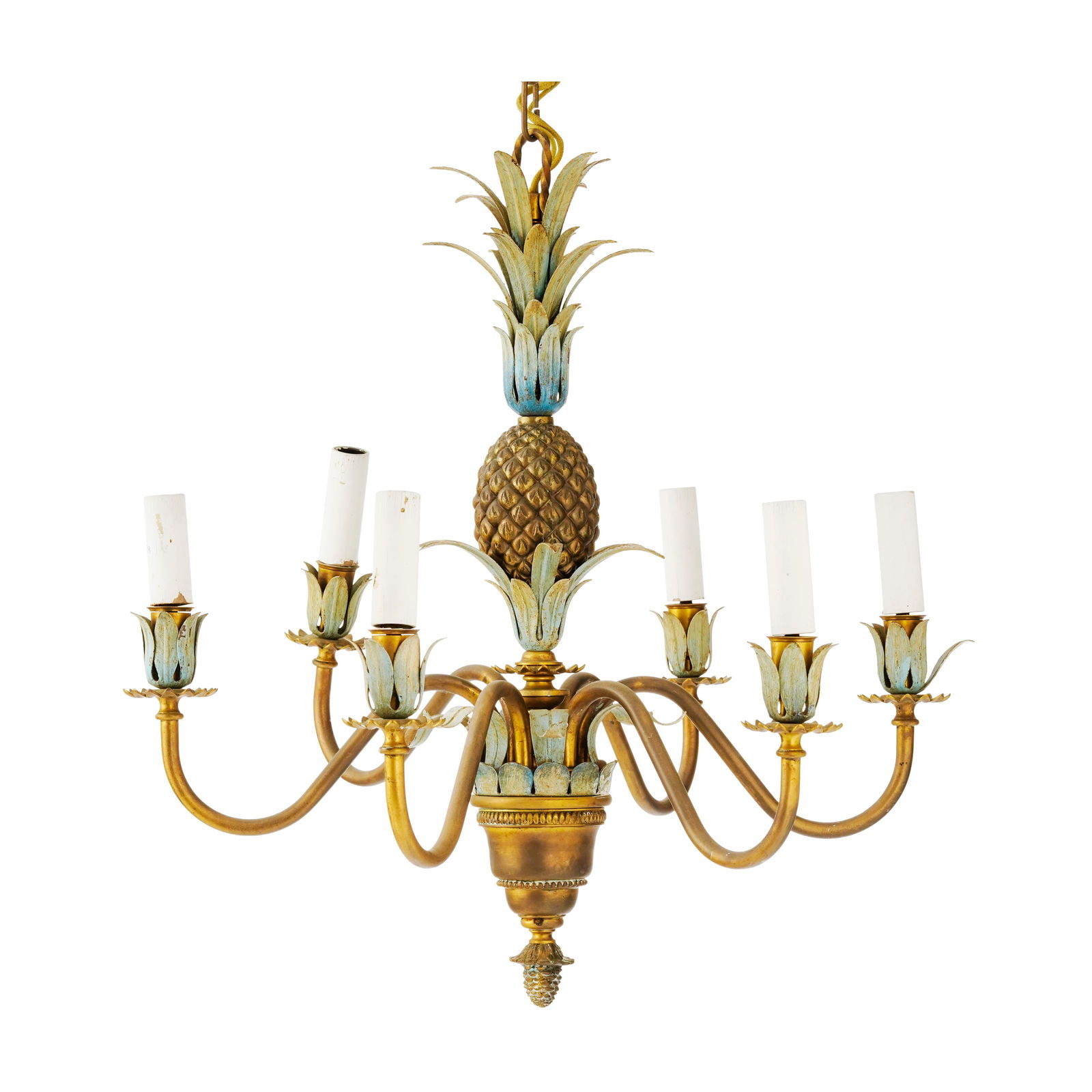 Lustre, XXe s., en métal patiné et doré, à décor d'un ananas et feuillages,: Lustre, XXe s., en métal patiné et doré, à décor d'un ananas et feuillages, h. 59 cm, diam. 56 cm Conditionusures et manques à la peinture traces de rouille nous ne