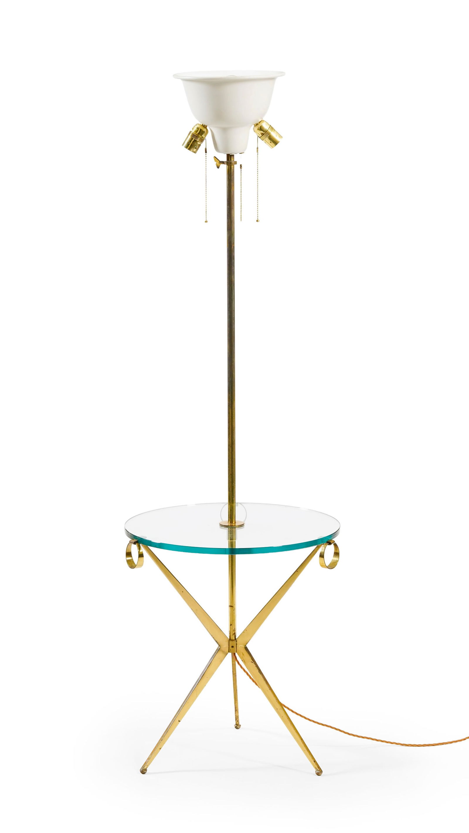 Lampadaire dans le goût de la maison Jansen, circa 1970, en laiton et verre, plateau circulaire (1 of 2)