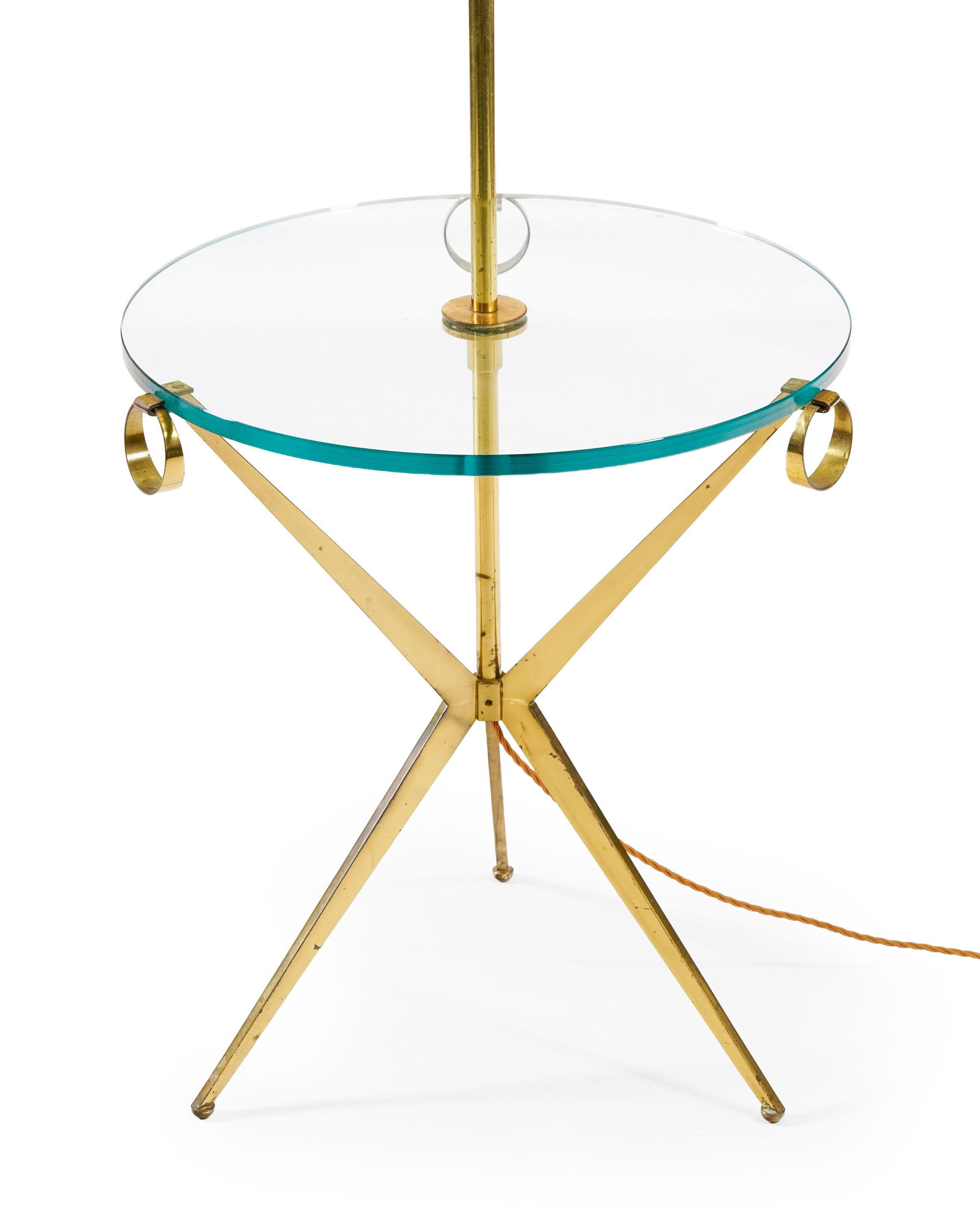 Lampadaire dans le goût de la maison Jansen, circa 1970, en laiton et verre, plateau circulaire - 2