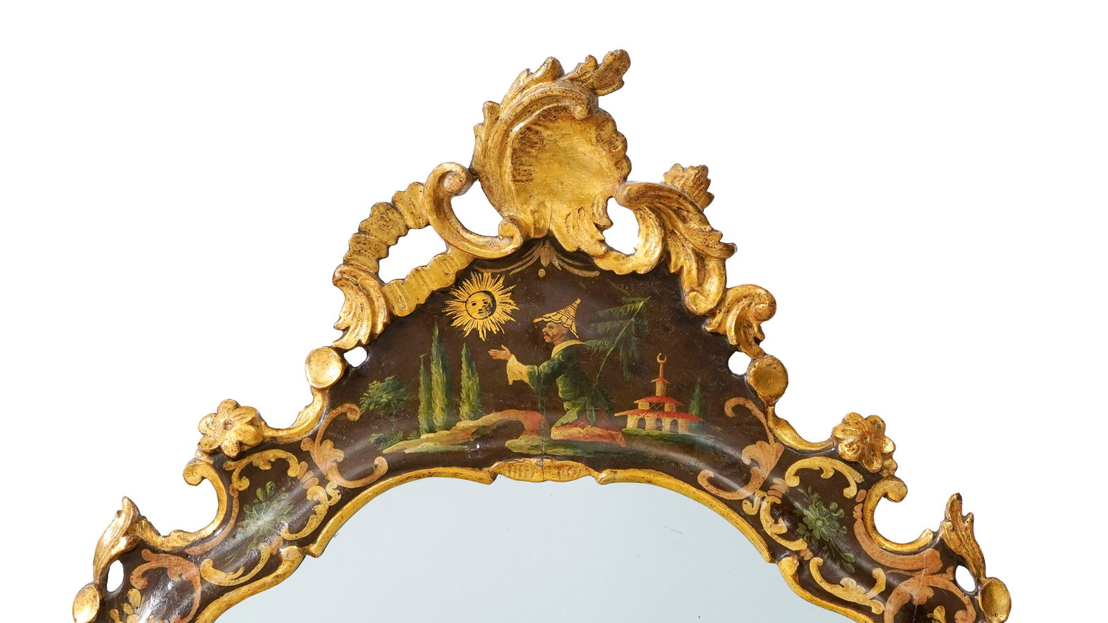 Miroir, Italie, XVIIIe s., en bois laqué noir et or à décor de fleurs et au chinois,  - 2
