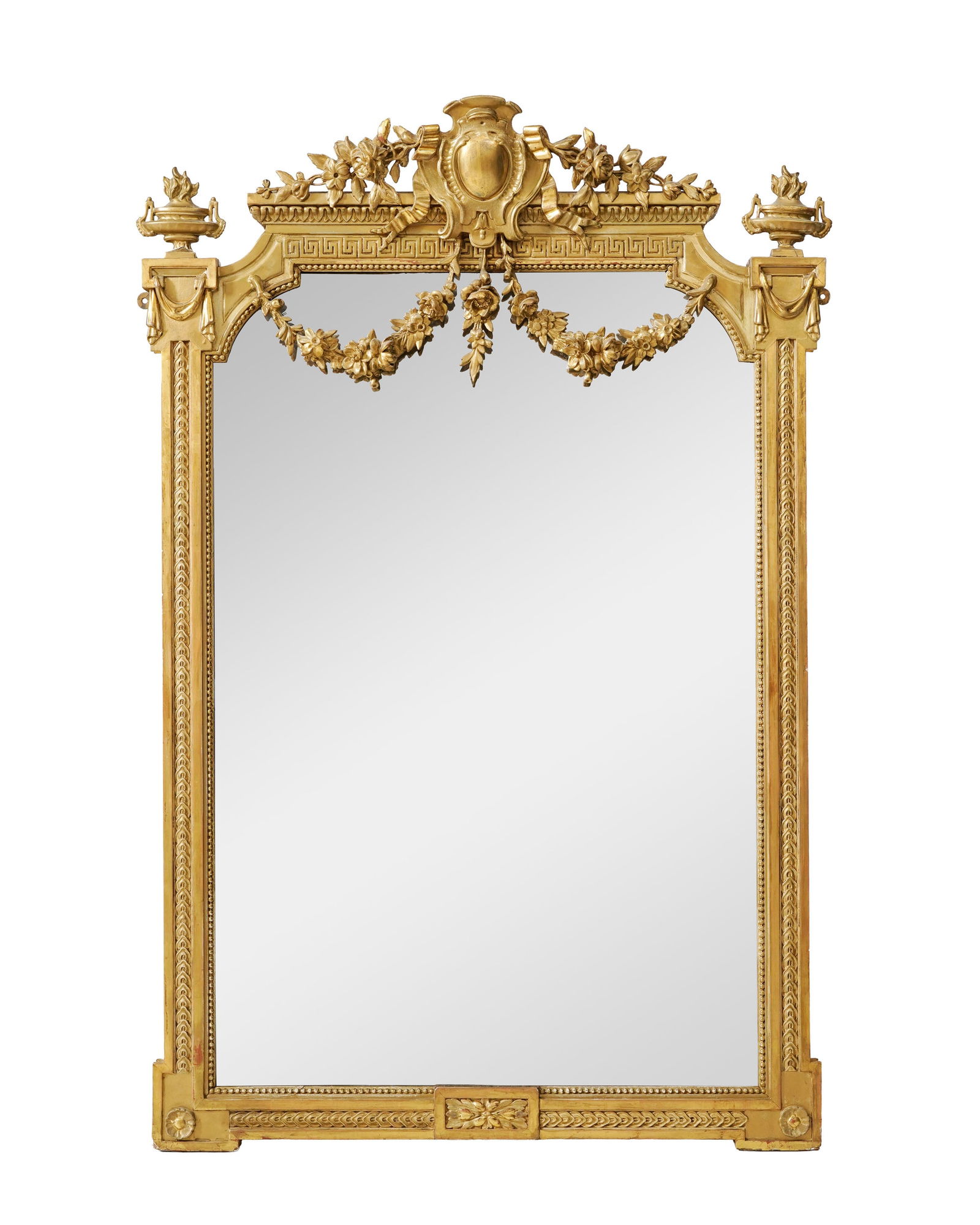 Miroir de style Louis XVI, fin du XIXe s., en bois et stuc doré, fronton orné de guirlande (1 of 2)