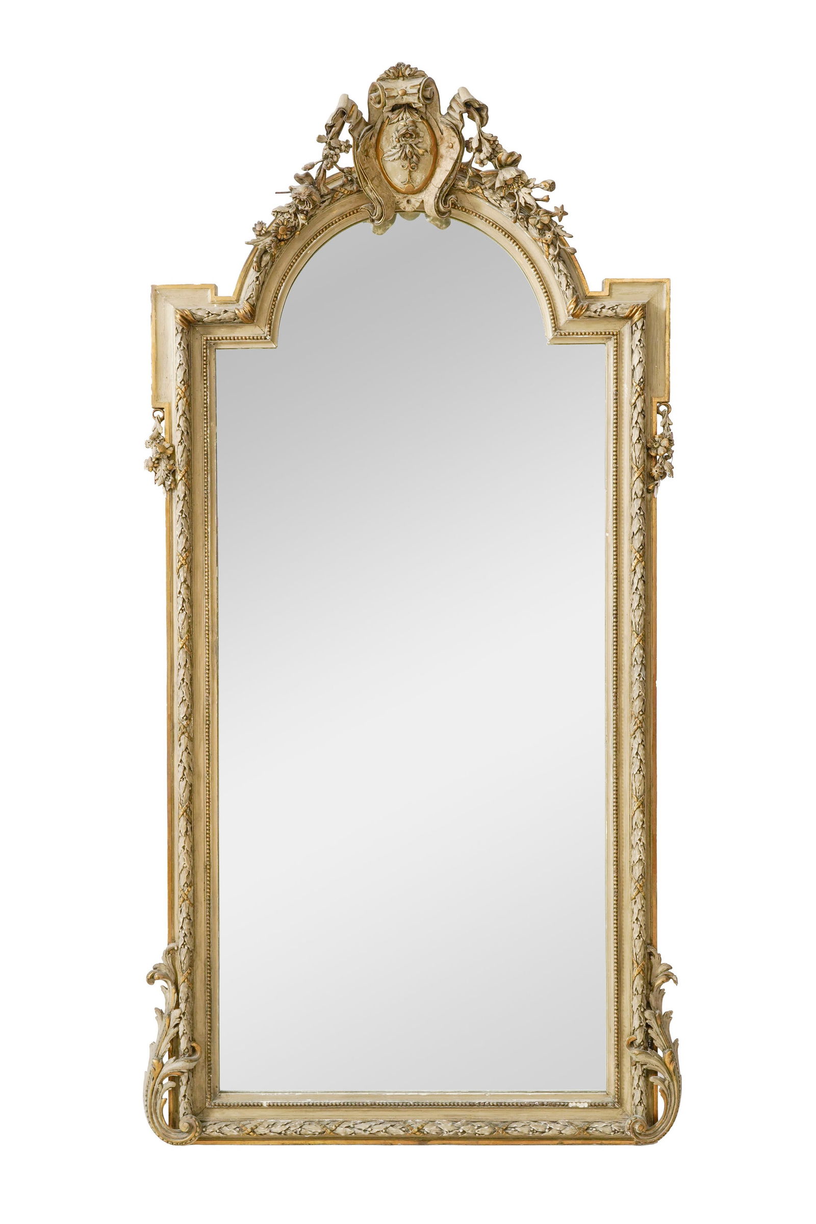 Miroir, fin du XIXe s., en bois et stuc peint gris à décor de lauriers, guirlandes de fleu (1 of 2)
