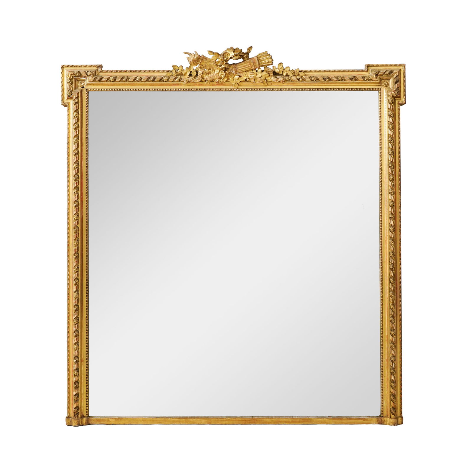 Miroir de cheminée de style Louis XVI, fin du XIXe s., en bois et stuc doré à dé (1 of 2)