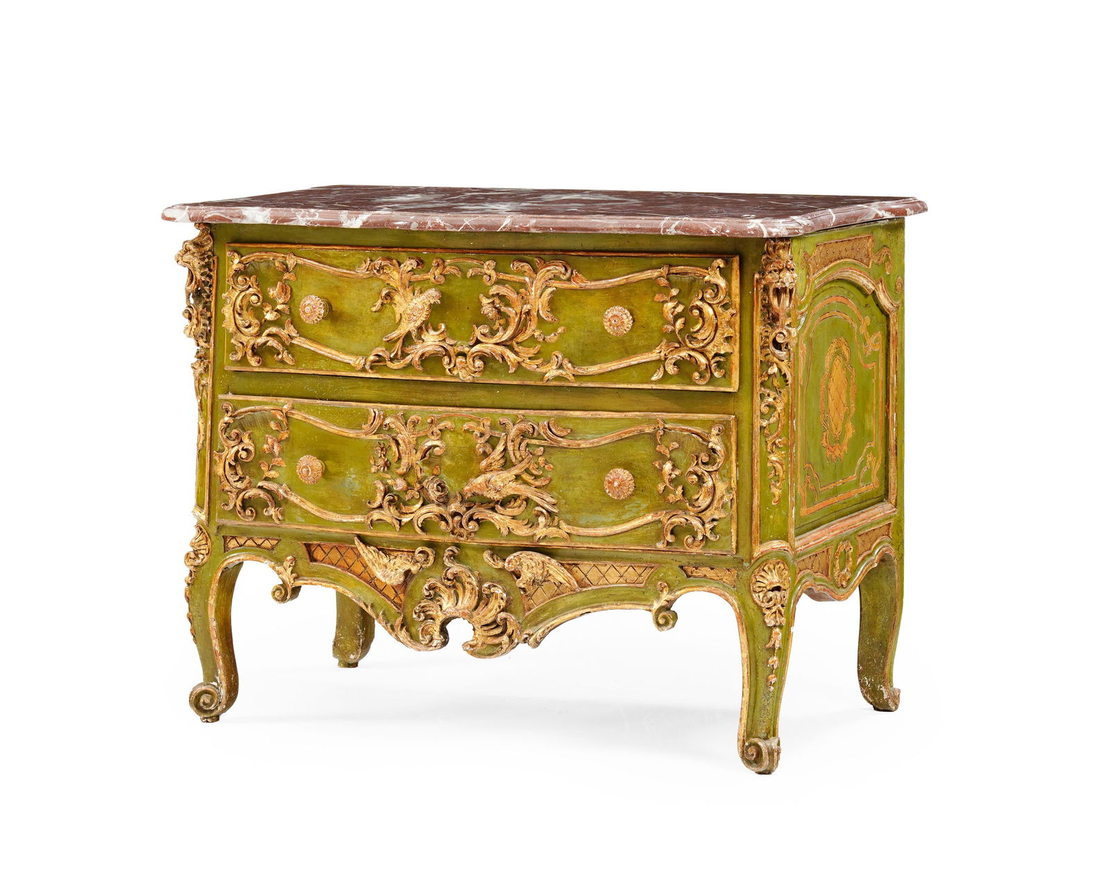 Commode, XVIIIe s., en bois peint vert et doré à riche décor sculpté de feuilles (1 of 6)