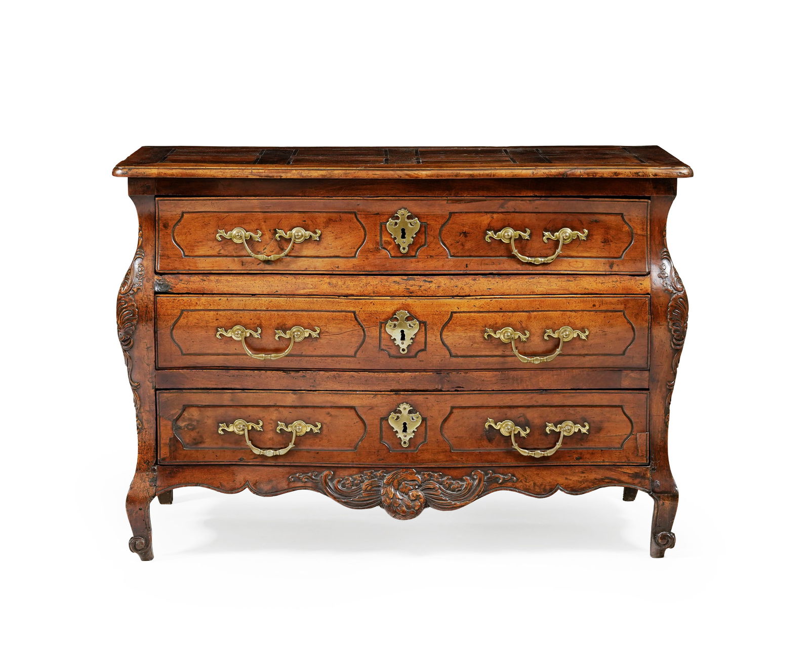 Commode bordelaise, XVIIIe s., en noyer, plateau marqueté de files et palissandre, à fa (1 of 2)
