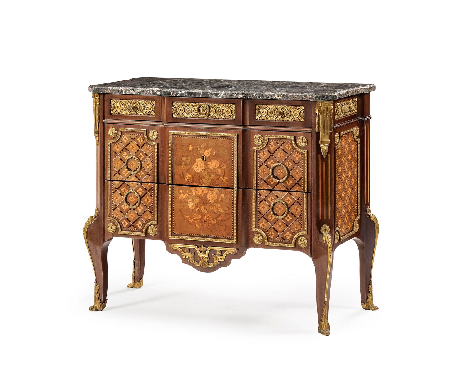 Commode de style Transition, début du XXe s., en placage d'acajou et marqueterie de treillis et (1 of 4)