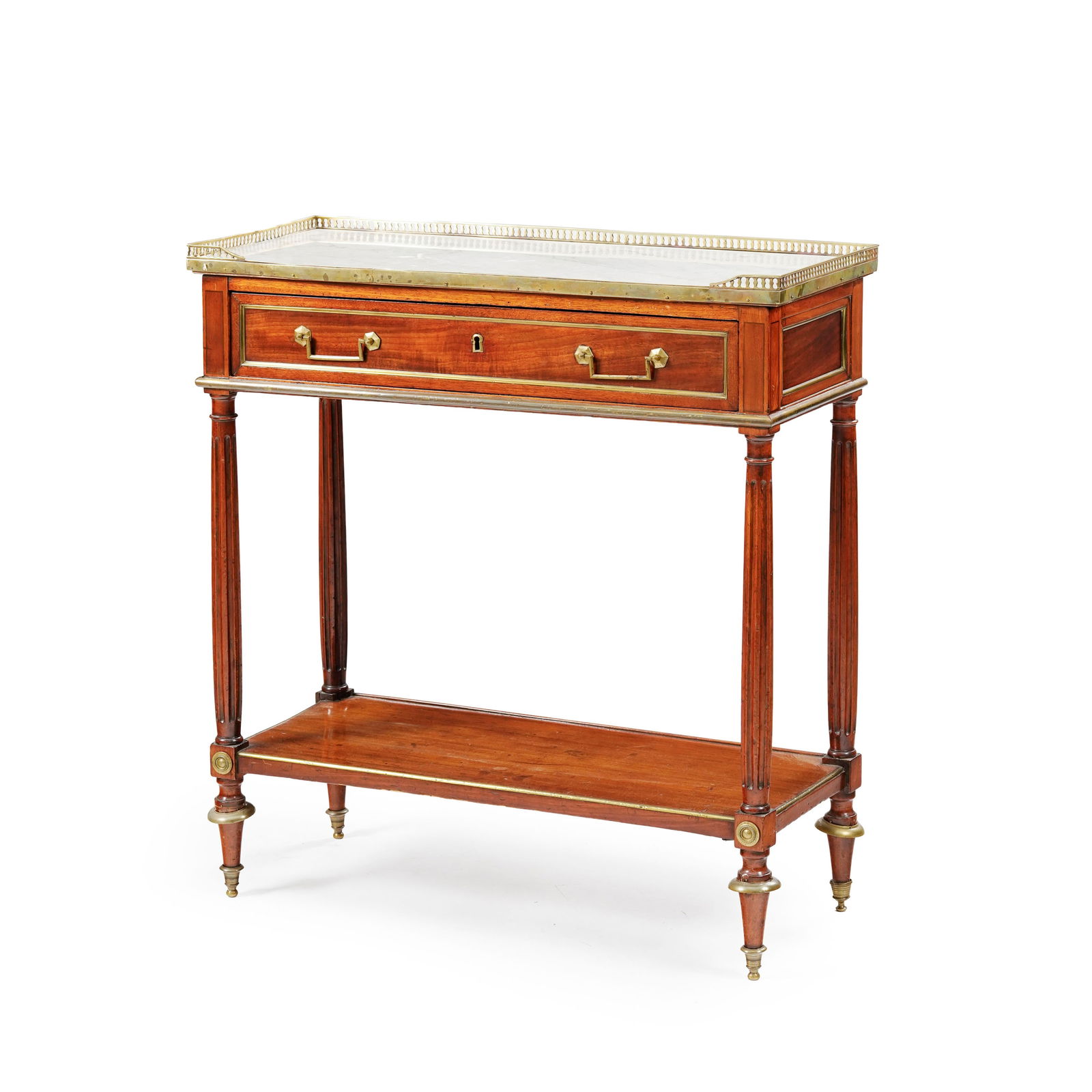 Desserte d'époque Louis XVI, en acajou, placage d'acajou et filets de marqueterie, ouvrant par : Desserte d'époque Louis XVI, en acajou, placage d'acajou et filets de marqueterie, ouvrant par un tiroir en ceinture, plateau en marbre blanc ceint d'une galerie ajourée, montants cannel