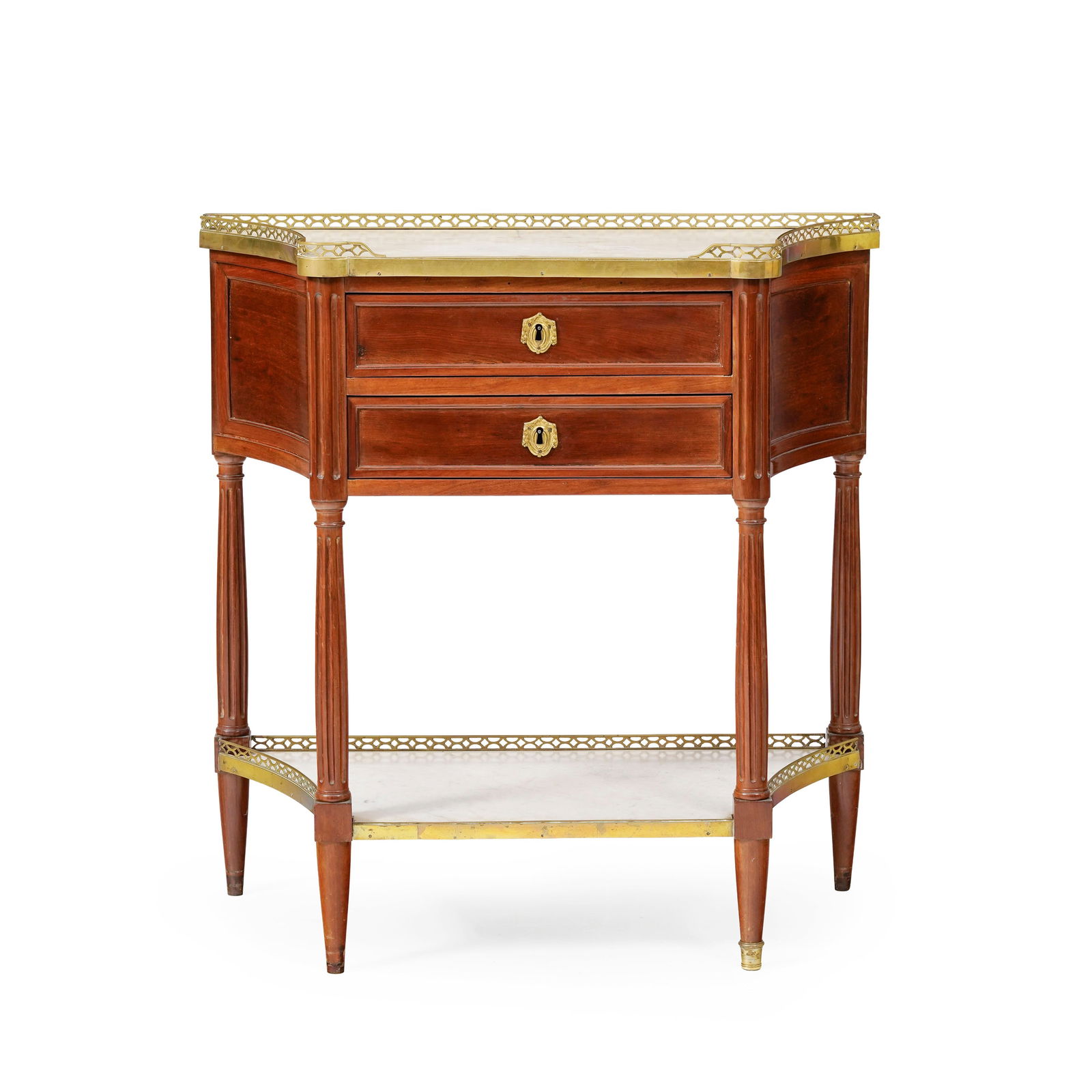 Petite desserte d'époque Louis XVI, en acajou et placage d'acajou, ouvrant par deux tiroirs en : Petite desserte d'époque Louis XVI, en acajou et placage d'acajou, ouvrant par deux tiroirs en façade, plateau supérieur en marbre blanc ceint d'une galerie ajourée, montants canne