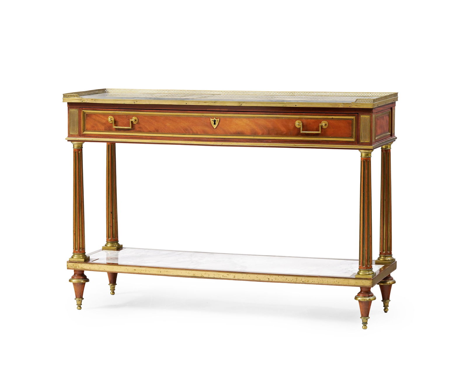 Console-desserte fin d'époque Louis XVI, en acajou, placage d'acajou et incrustations de filets: Console-desserte fin d'époque Louis XVI, en acajou, placage d'acajou et incrustations de filets de laiton, ouvrant par un tiroir en ceinture, plateau en marbre, montants cannelés reliés