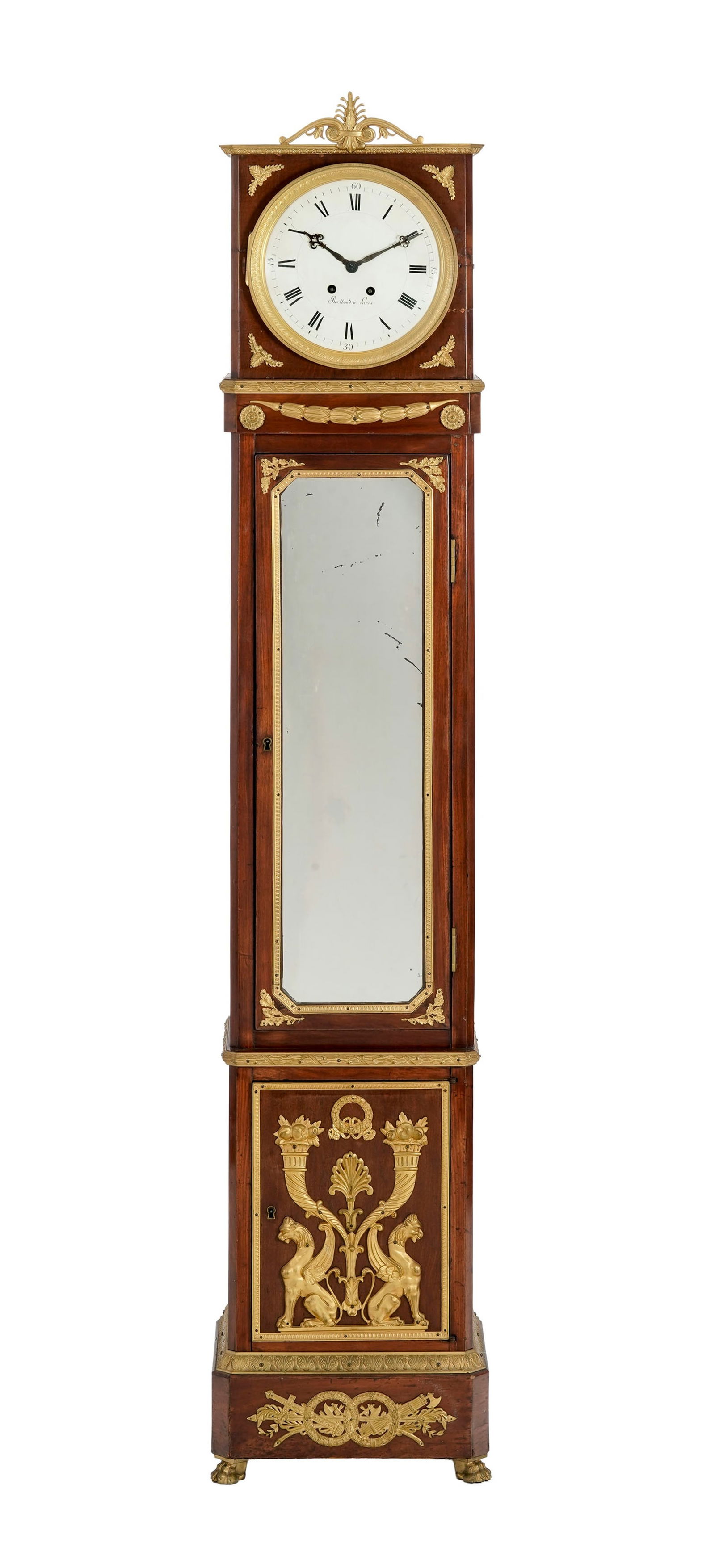 Pendule de parquet partiellement transformée en secrétaire d'époque Empire, en acajou: Pendule de parquet partiellement transformée en secrétaire d'époque Empire, en acajou, ornementation en bronze doré, cadran signé Berthoud, ouvrant par un vantail agrémen