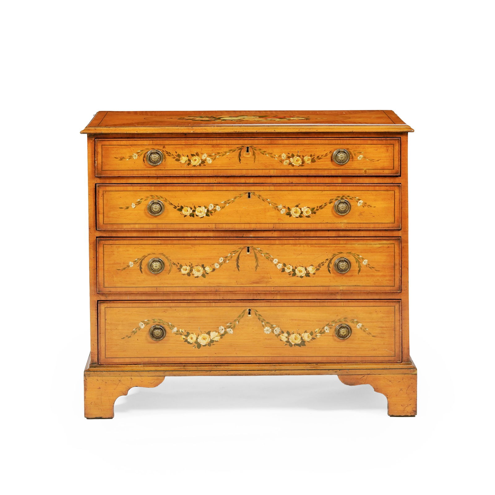 Commode, Angleterre, XIXe s., en placage de bois fruitier peint à décor de fleurs et feuil (1 of 3)