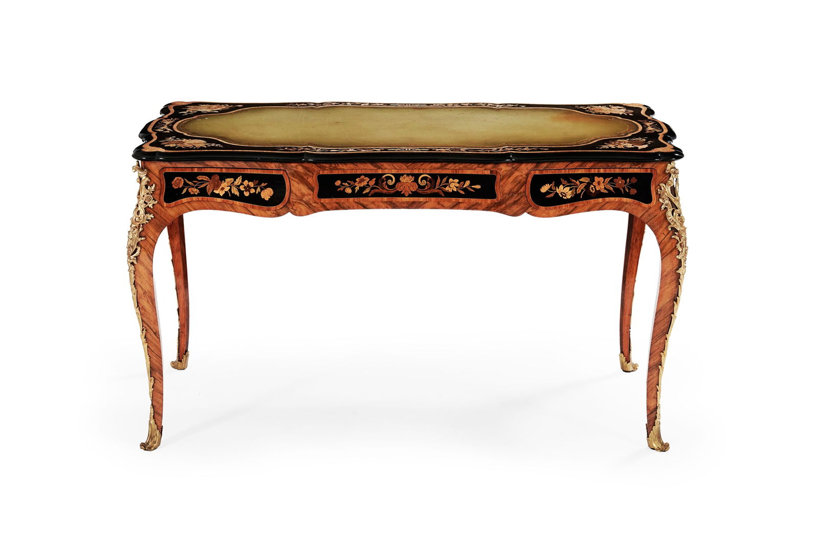 Bureau, fin du XIXe s., en placage de bois de rose et teinté palissandre à décor de f: Bureau, fin du XIXe s., en placage de bois de rose et teinté palissandre à décor de fleurs en marqueterie, ornementations en bronze doré, plateau gainé d'un maroquin, ouvrant