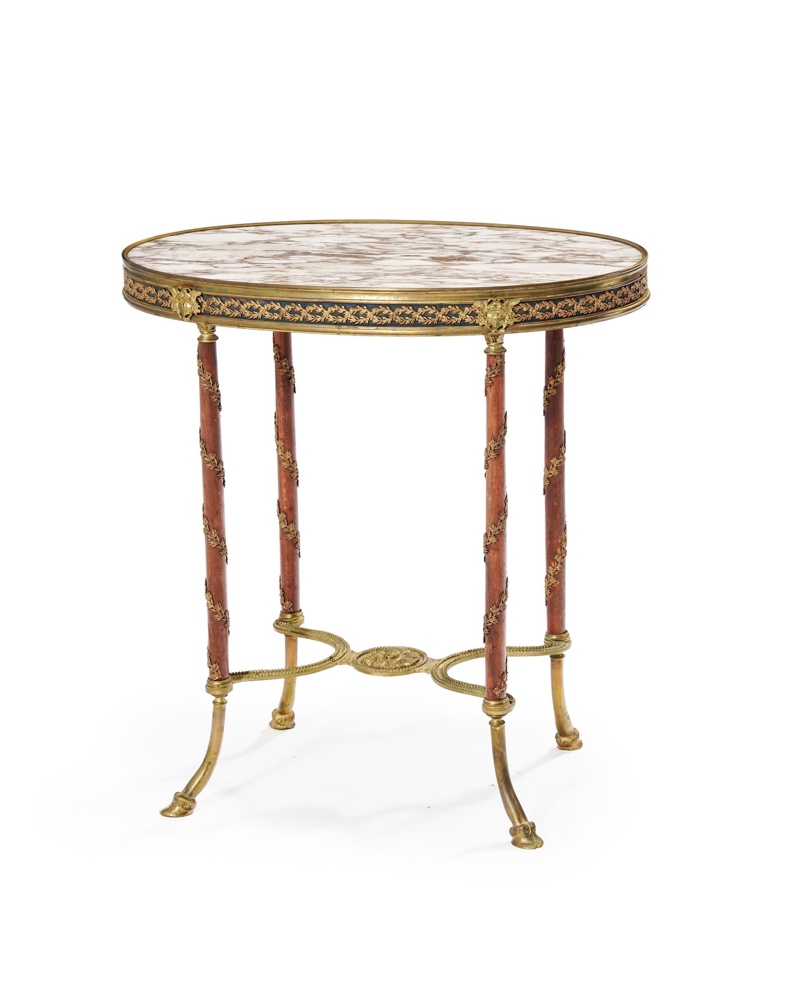 Table d'appoint, fin du XIXe s., en bois naturel et bronze doré, plateau ovale en marbre, pieds (1 of 3)