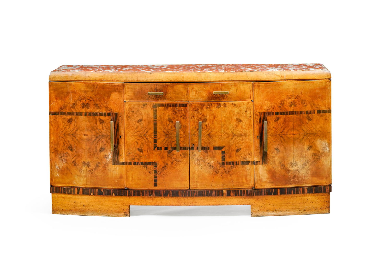 Buffet d'époque Art déco, en placage de loupe de noyer et filets de marqueterie d'éb&: Buffet d'époque Art déco, en placage de loupe de noyer et filets de marqueterie d'ébène, ouvrant en façade par quatre vantaux et deux tiroirs, plateau en marbre, 101x201x60 cm