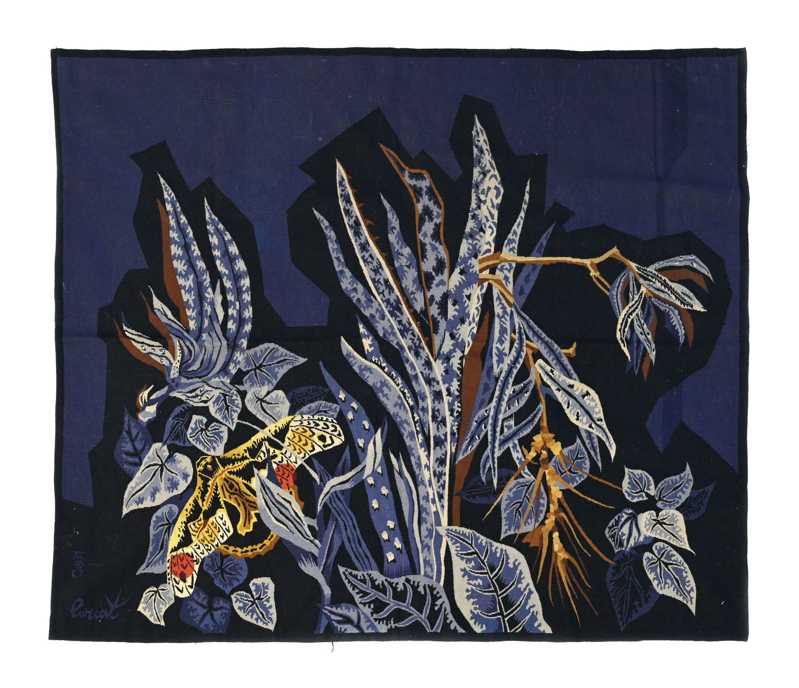 Tropiques bleus, tapisserie d'Aubusson, d'après un carton de Jean Lurcat (1892-1966), tissé: Tropiques bleus, tapisserie d'Aubusson, d'après un carton de Jean Lurcat (1892-1966), tissée dans les ateliers Tabard Frères et Soeurs, signée dans la trame, bolduc manuscrit titr&